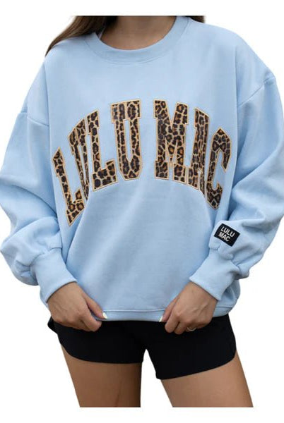 LULUMAC Light Blue Sweatshirt with Leopard Lettering - A'Bekah's Boutique