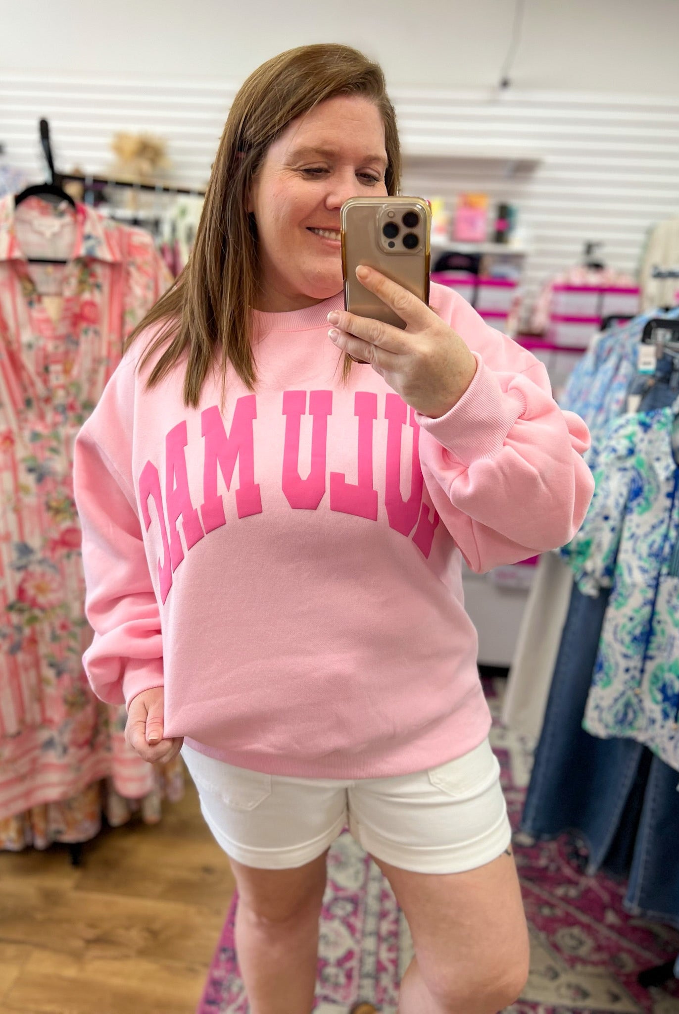 LULUMAC Light Pink Sweatshirt with Darker Pink Lettering - A'Bekah's Boutique