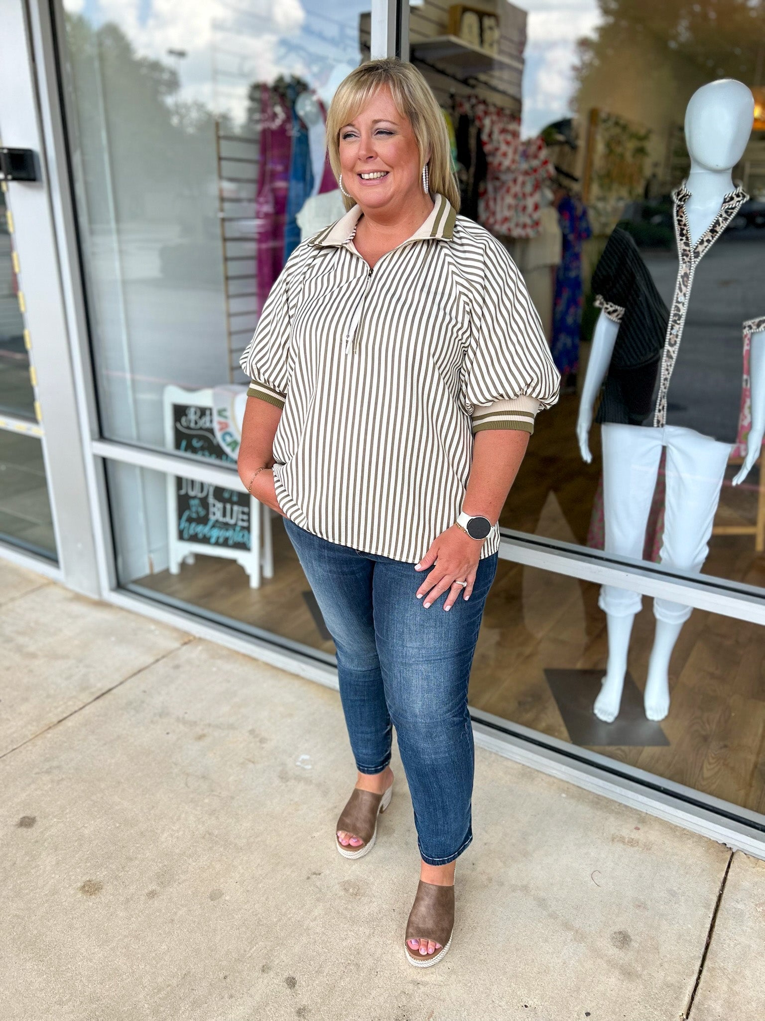 Make You See Olive Striped Top with Short Puff Sleeves (C) - A'Bekah's Boutique