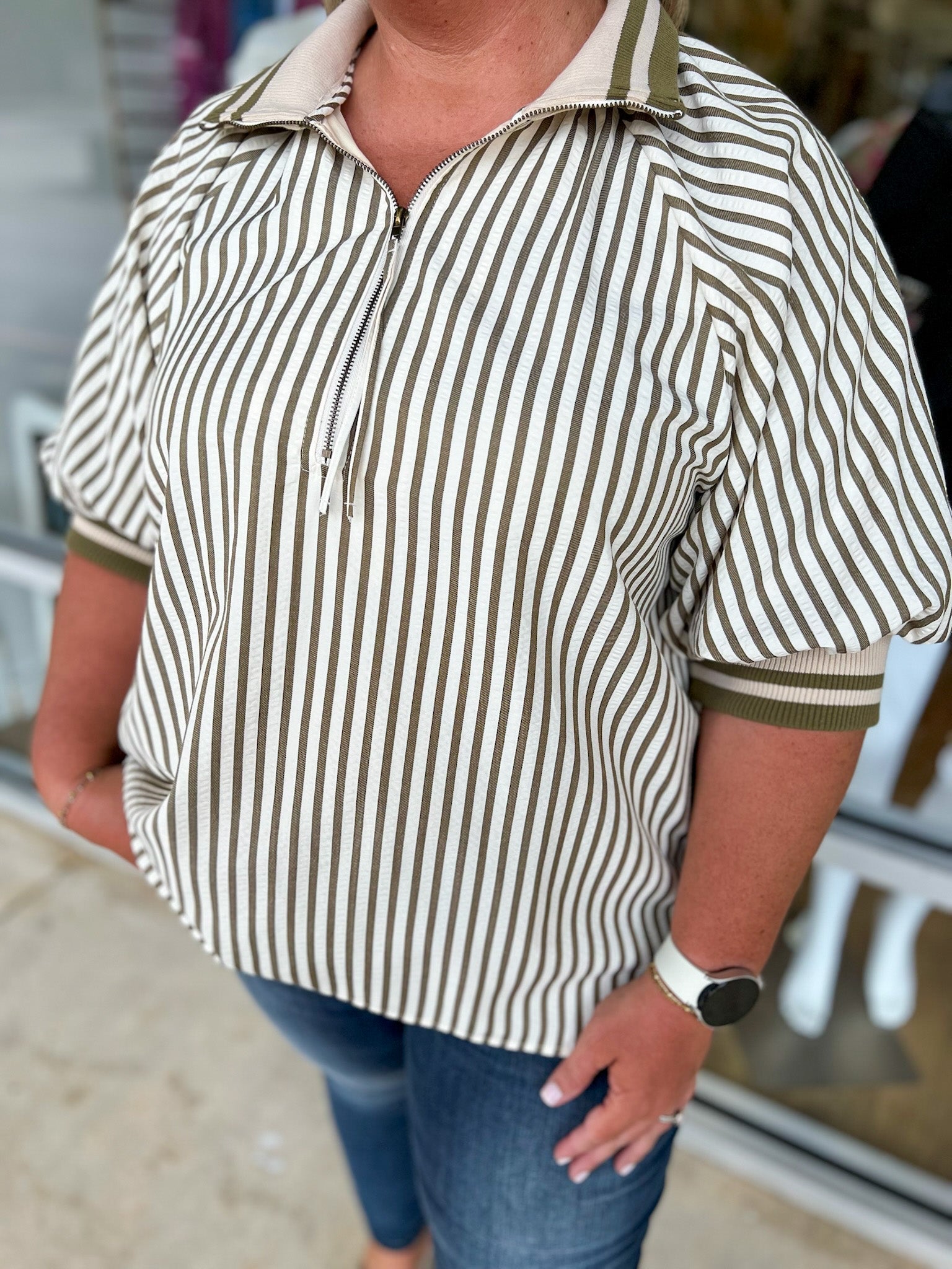 Make You See Olive Striped Top with Short Puff Sleeves (C) - A'Bekah's Boutique