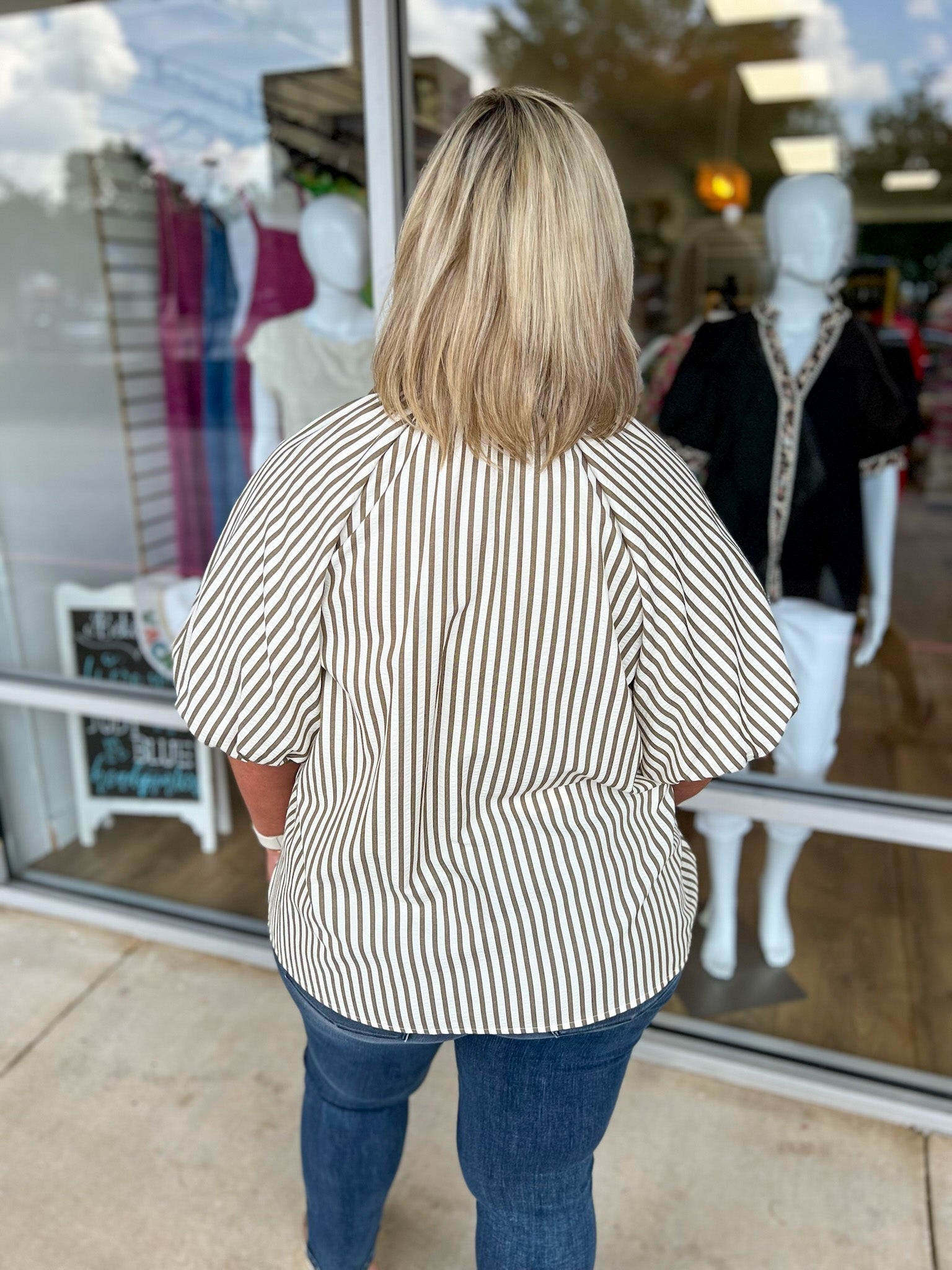 Make You See Olive Striped Top with Short Puff Sleeves (C) - A'Bekah's Boutique