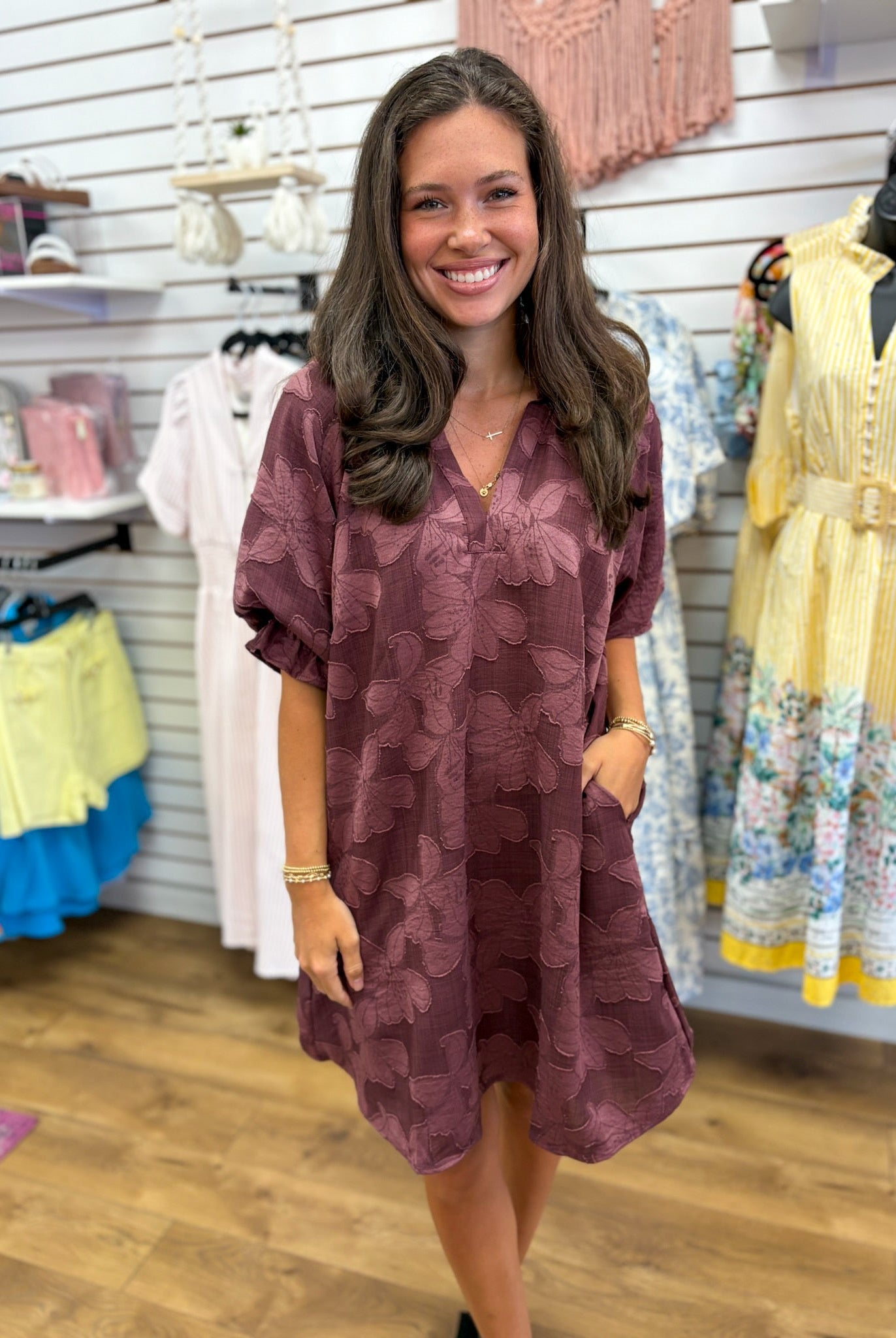 Maroon Jacquard Tonal V-Neck Dress with Elbow Length Sleeves - A'Bekah's Boutique