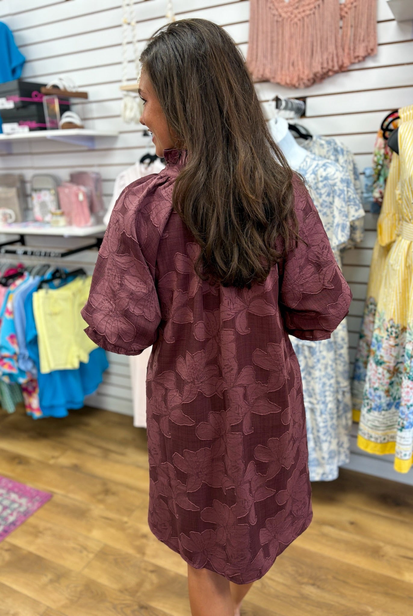 Maroon Jacquard Tonal V-Neck Dress with Elbow Length Sleeves - A'Bekah's Boutique