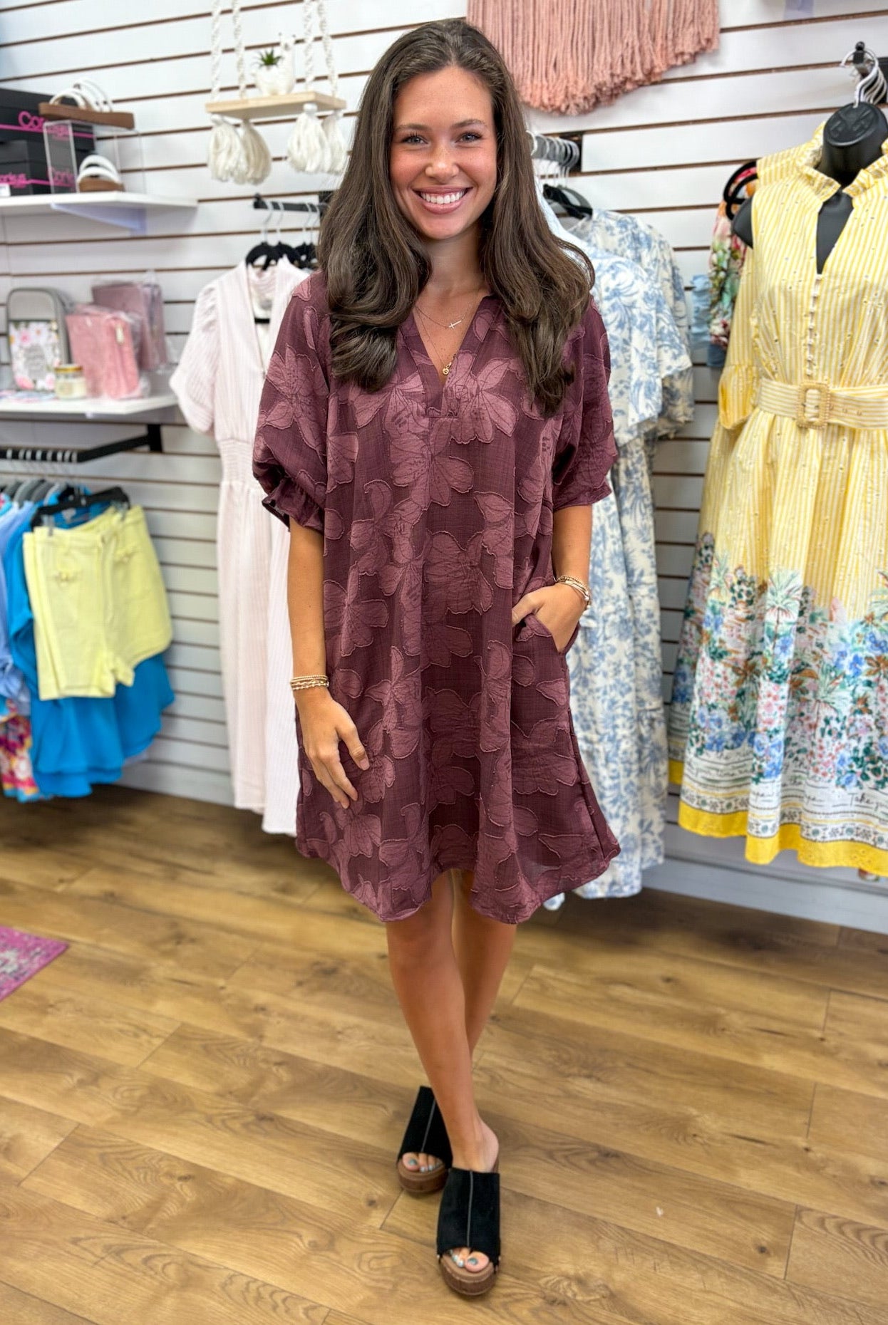 Maroon Jacquard Tonal V-Neck Dress with Elbow Length Sleeves - A'Bekah's Boutique