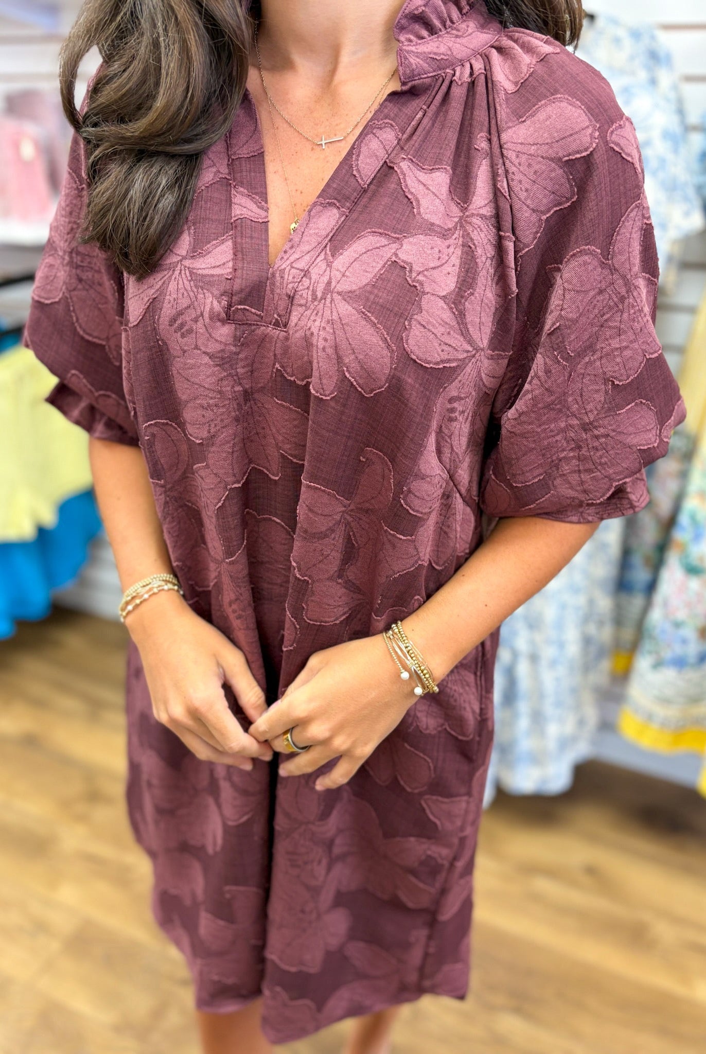 Maroon Jacquard Tonal V-Neck Dress with Elbow Length Sleeves - A'Bekah's Boutique