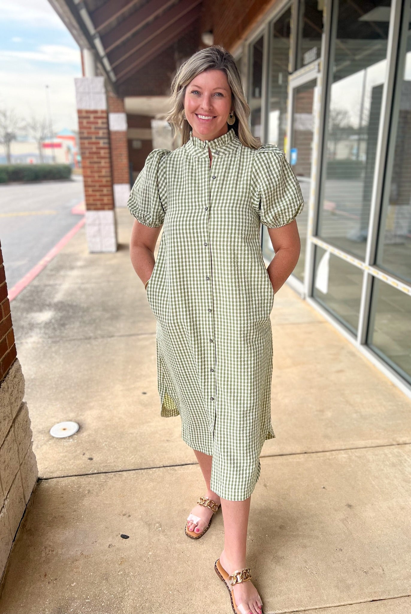 Matcha Green Checkered Button Up Midi Dress with Pockets - A'Bekah's Boutique