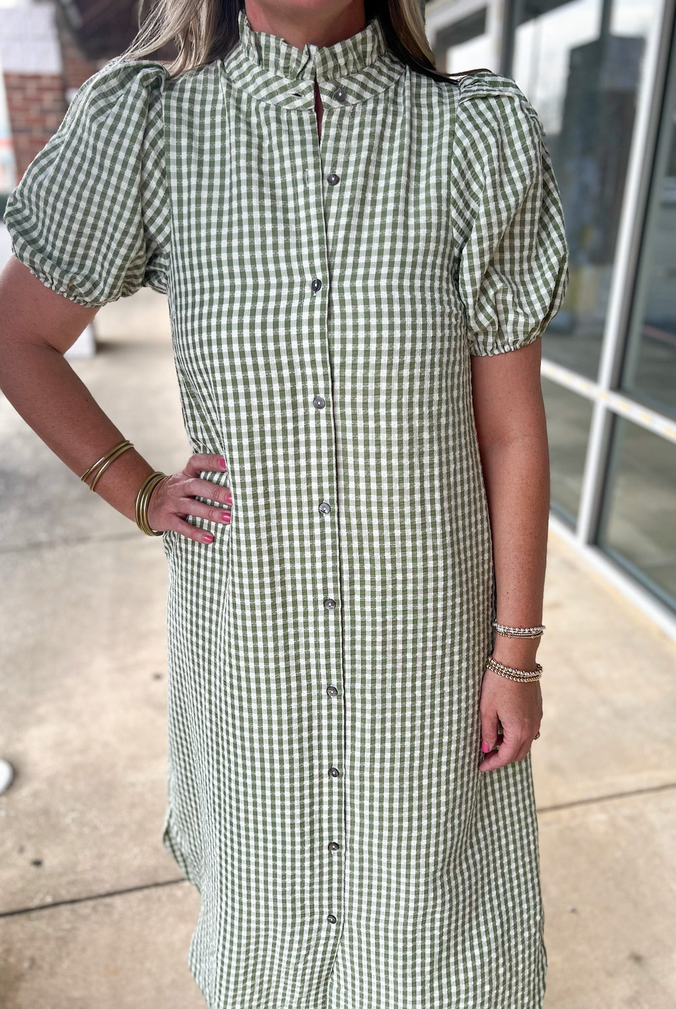 Matcha Green Checkered Button Up Midi Dress with Pockets - A'Bekah's Boutique