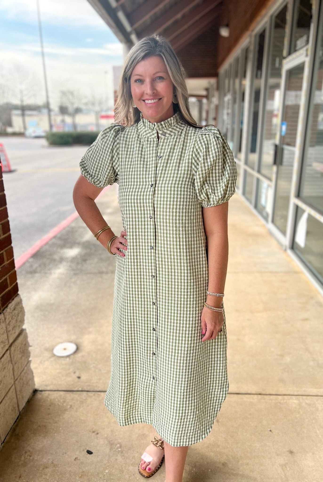 Matcha Green Checkered Button Up Midi Dress with Pockets - A'Bekah's Boutique
