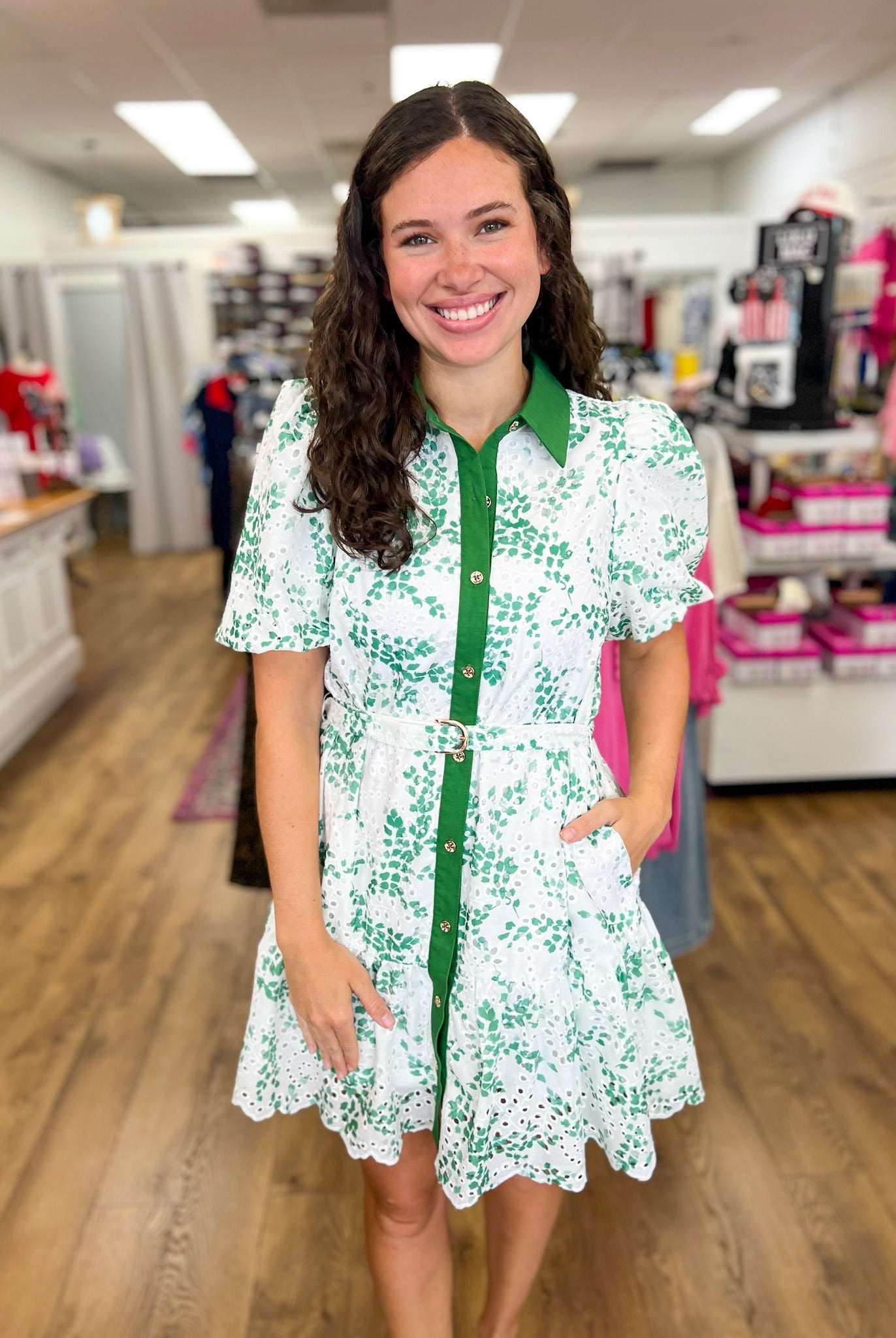Matcha Green Floral Eyelet Dress with Removable Belt - A'Bekah's Boutique