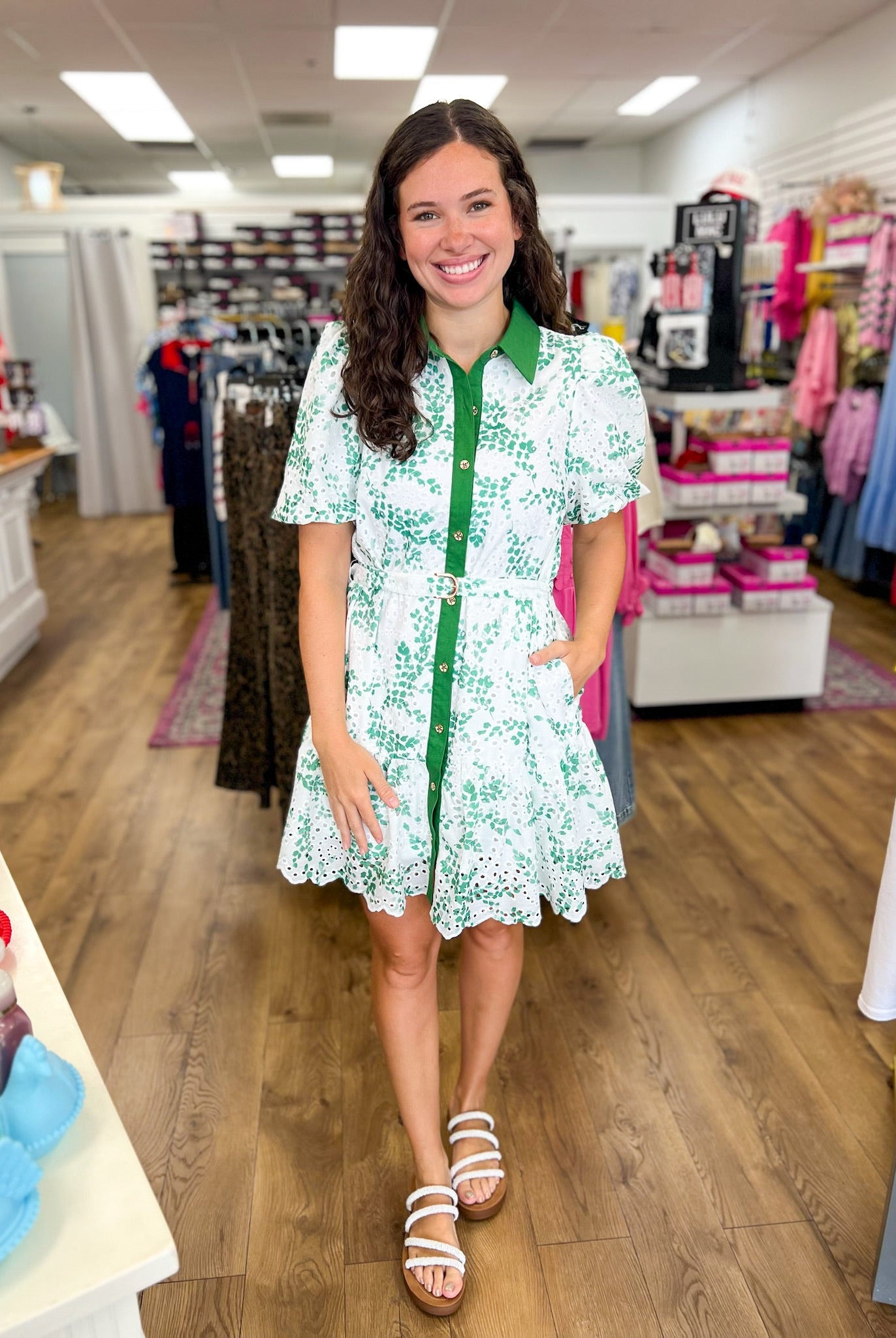 Matcha Green Floral Eyelet Dress with Removable Belt - A'Bekah's Boutique
