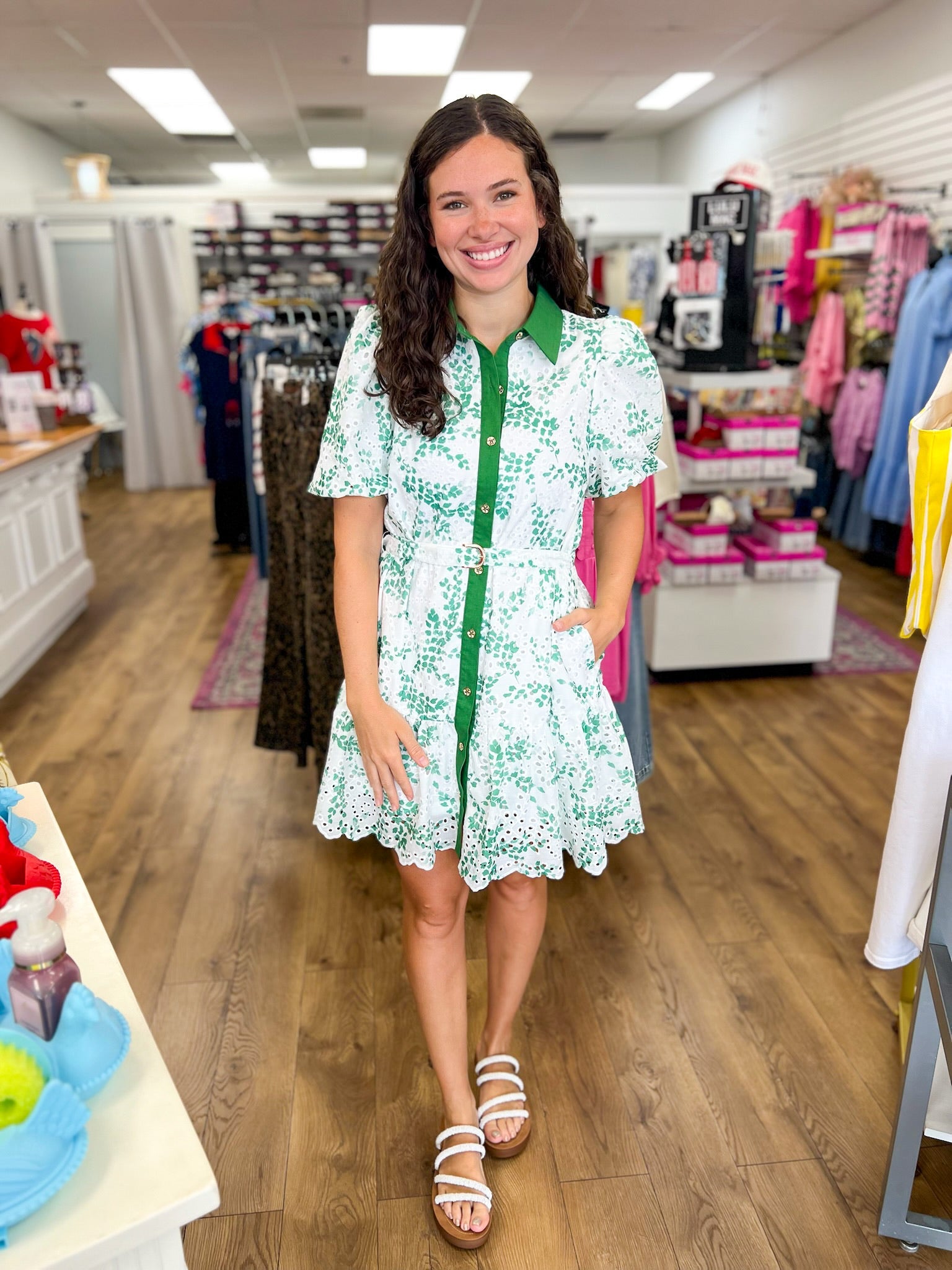 Matcha Green Floral Eyelet Dress with Removable Belt - A'Bekah's Boutique