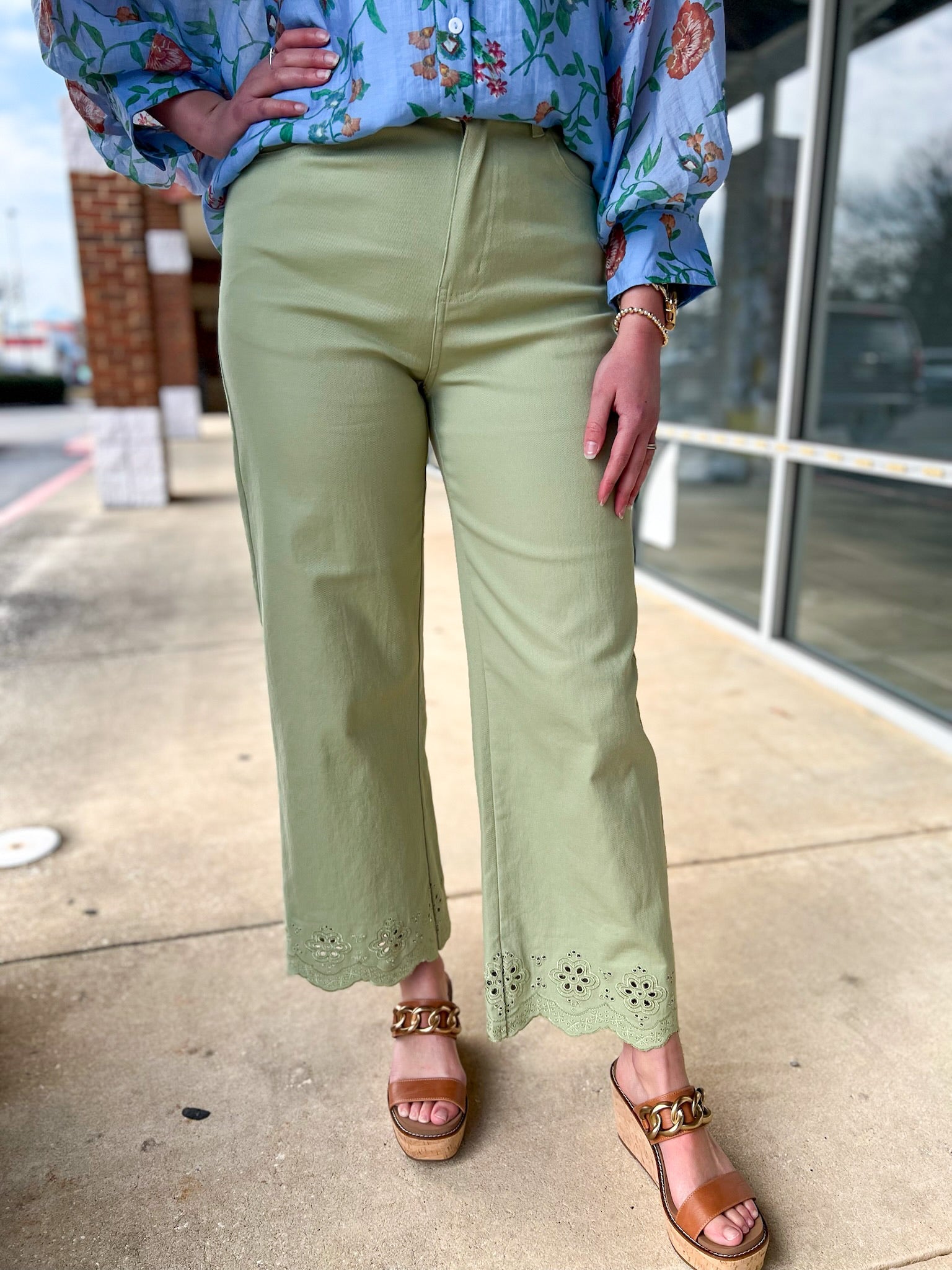 Matcha Green Wide Leg Ankle Pants with Scalloped Eyelet Hem - A'Bekah's Boutique