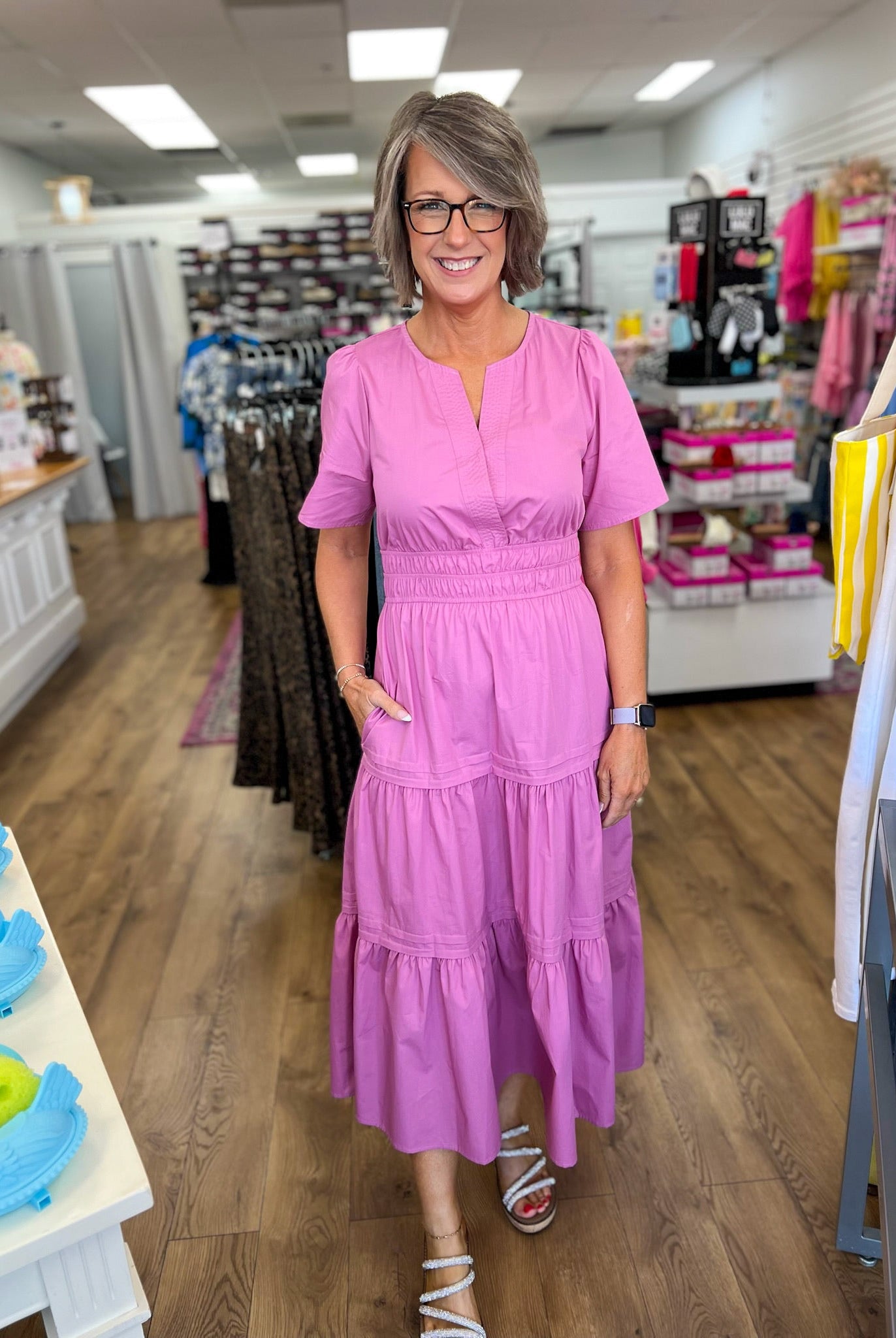 Mauve Pink Tiered V-Neck Midi Dress with Pockets - A'Bekah's Boutique