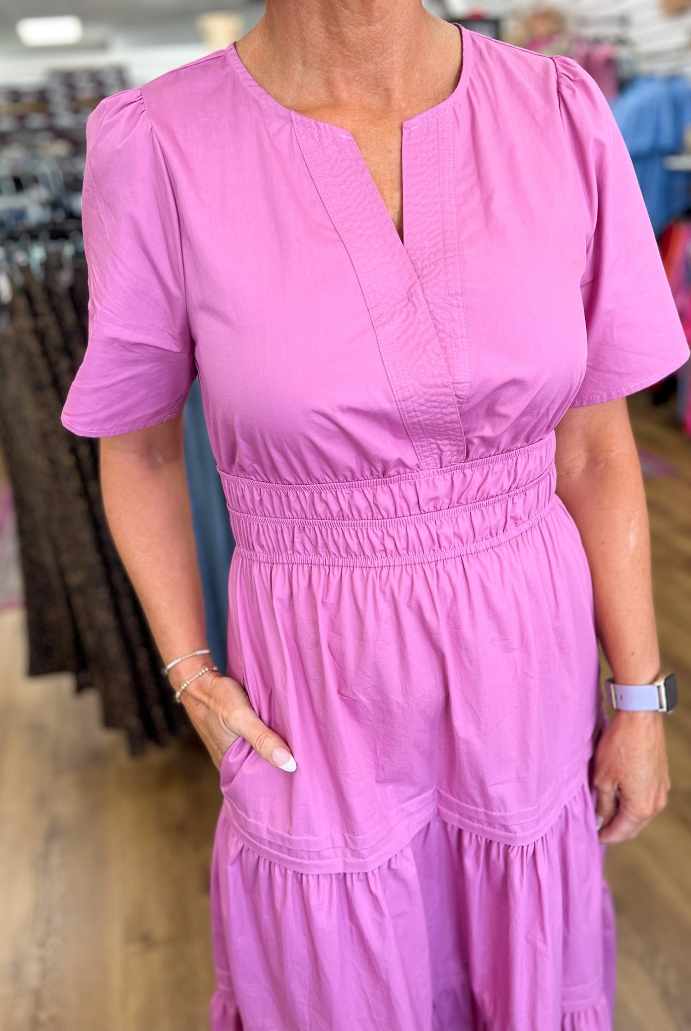 Mauve Pink Tiered V-Neck Midi Dress with Pockets - A'Bekah's Boutique