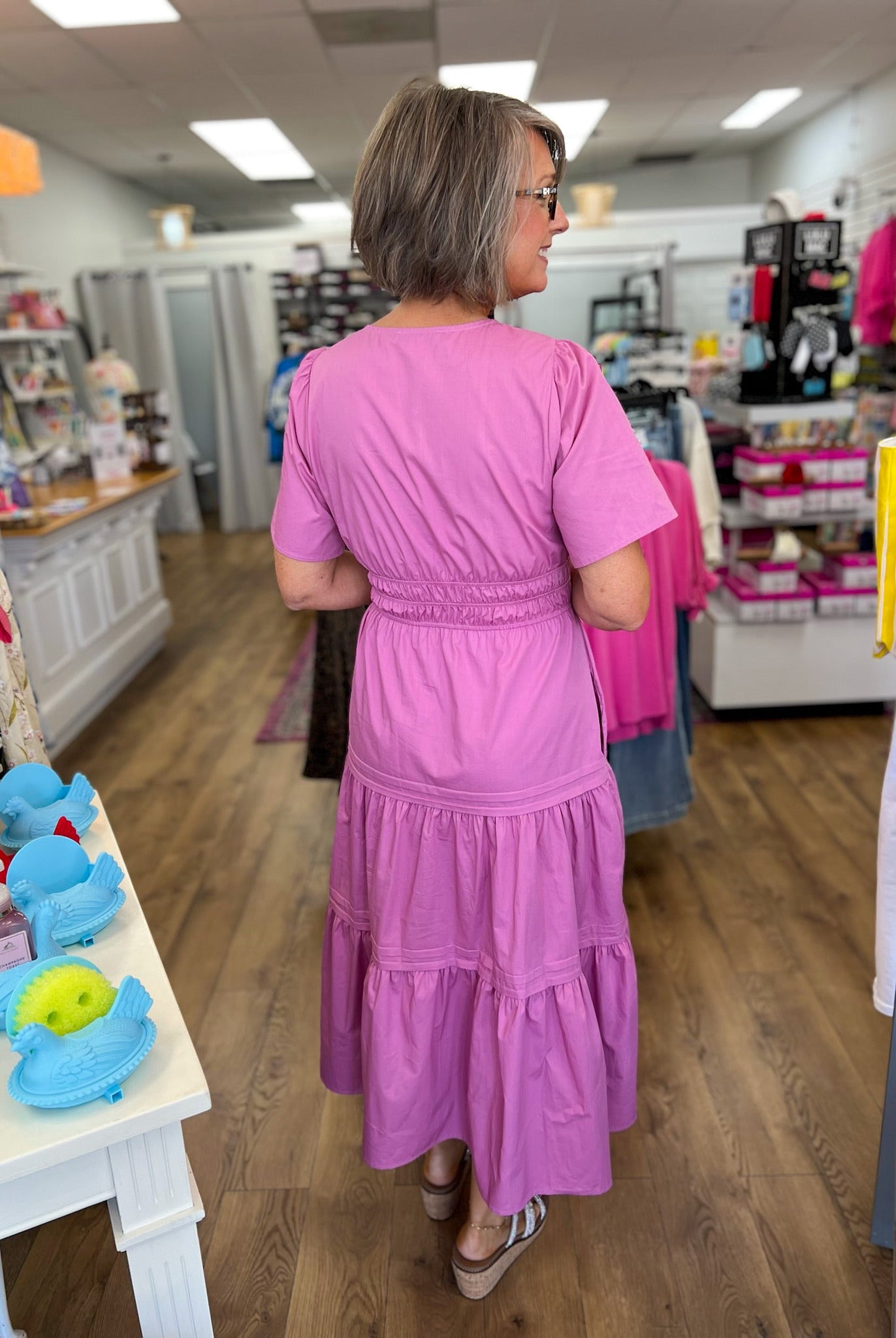 Mauve Pink Tiered V-Neck Midi Dress with Pockets - A'Bekah's Boutique