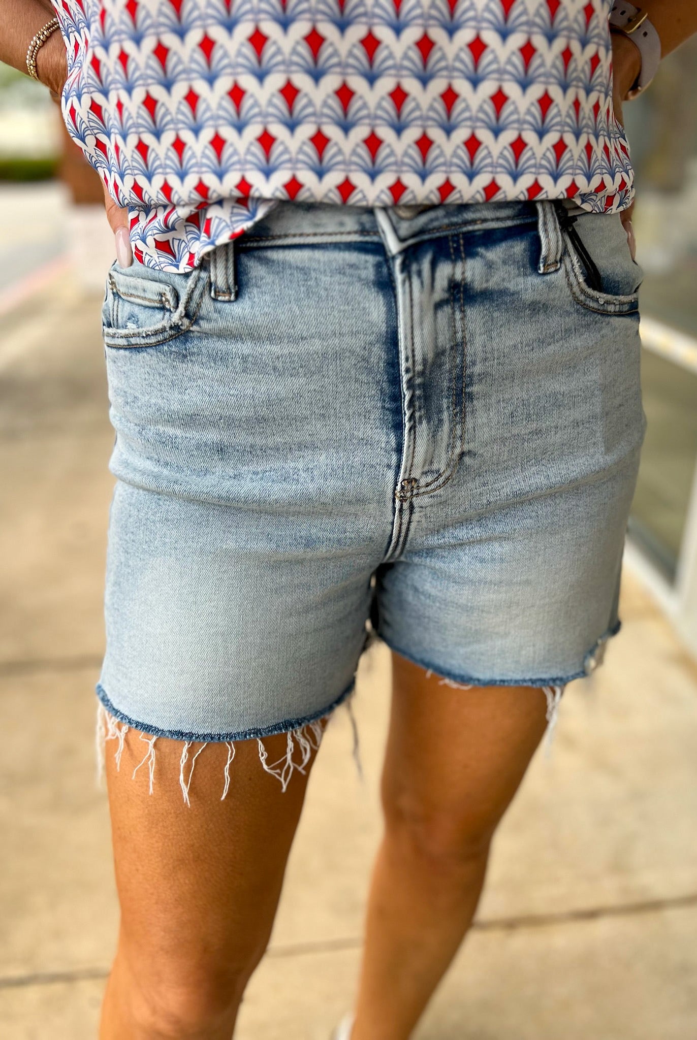 Medium Denim Mid Rise Distressed Hem Shorts 3.87" Inseam - A'Bekah's Boutique