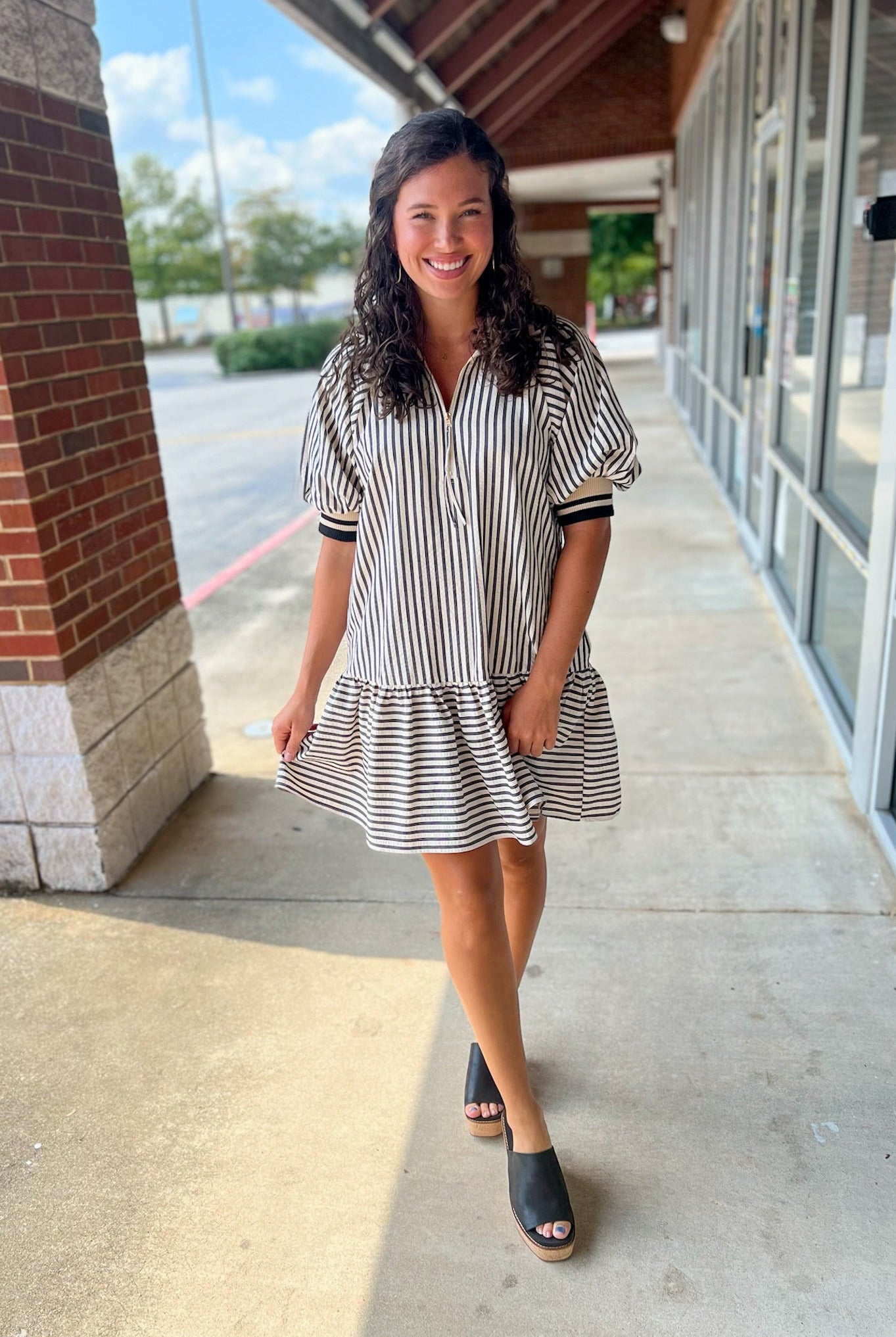 Meet Me Black Striped Drop Waist Dress with Accent Band Trim - A'Bekah's Boutique