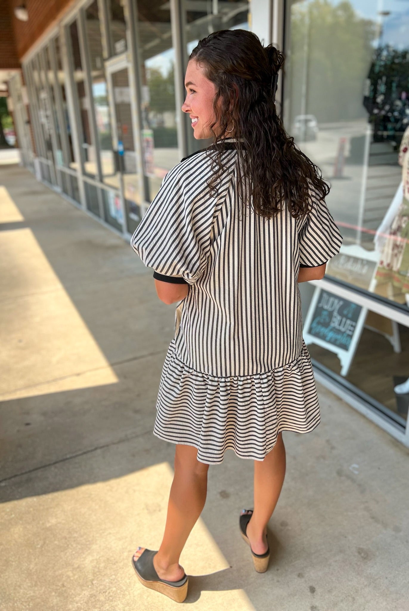 Meet Me Black Striped Drop Waist Dress with Accent Band Trim - A'Bekah's Boutique