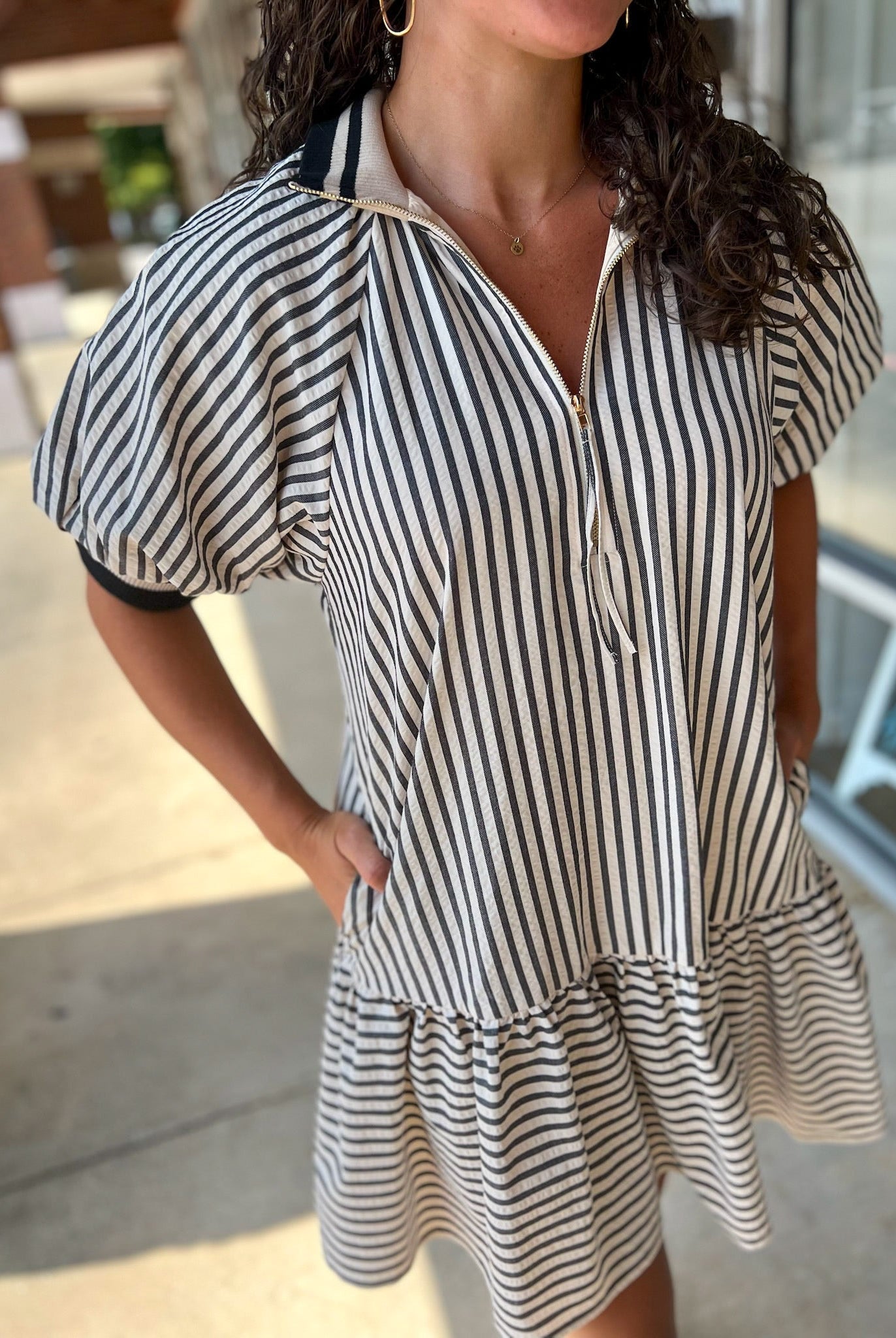 Meet Me Black Striped Drop Waist Dress with Accent Band Trim - A'Bekah's Boutique