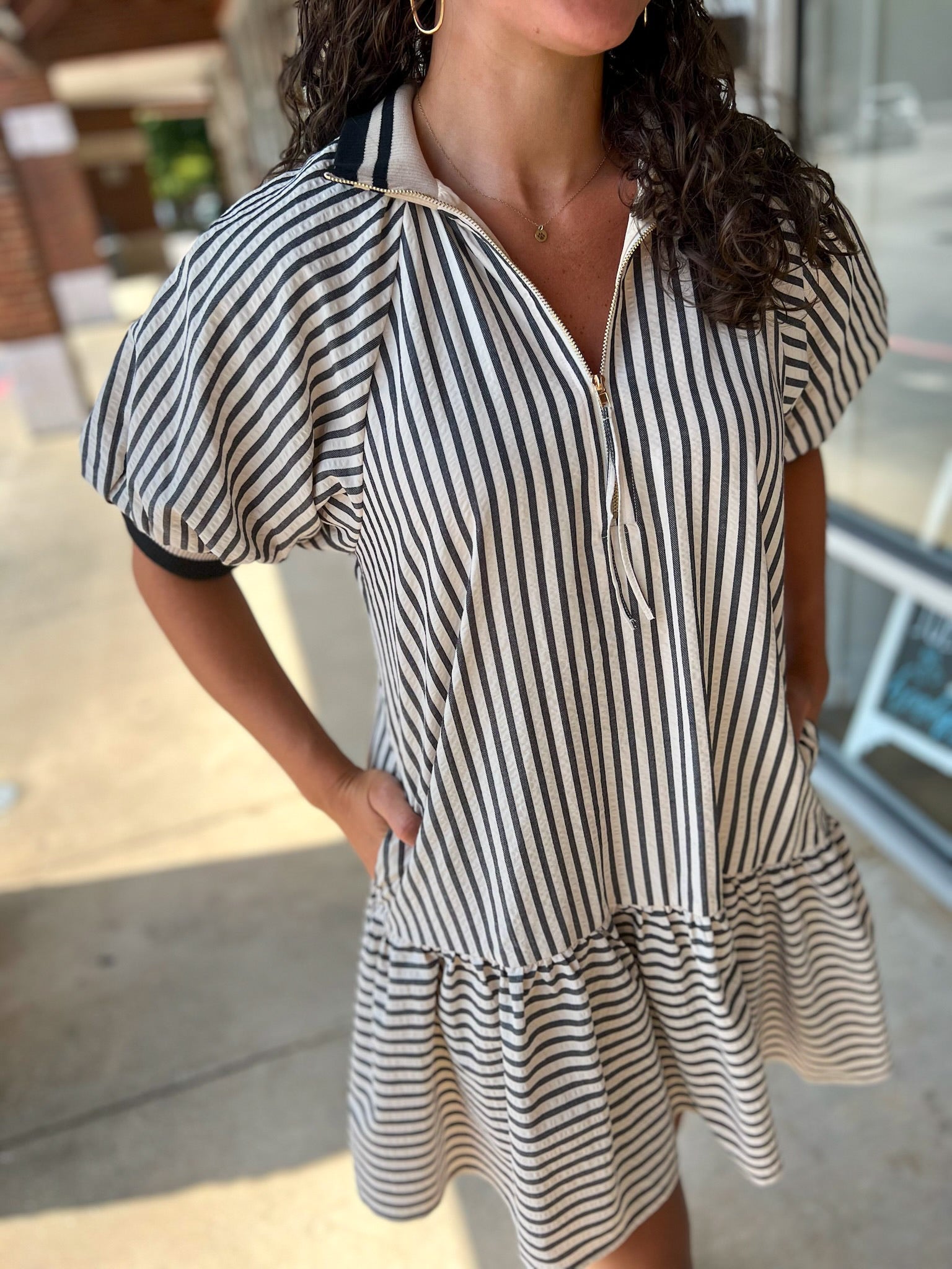 Meet Me Black Striped Drop Waist Dress with Accent Band Trim - A'Bekah's Boutique
