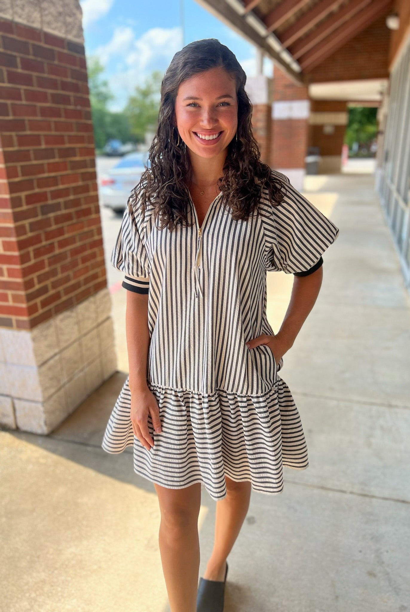 Meet Me Black Striped Drop Waist Dress with Accent Band Trim - A'Bekah's Boutique