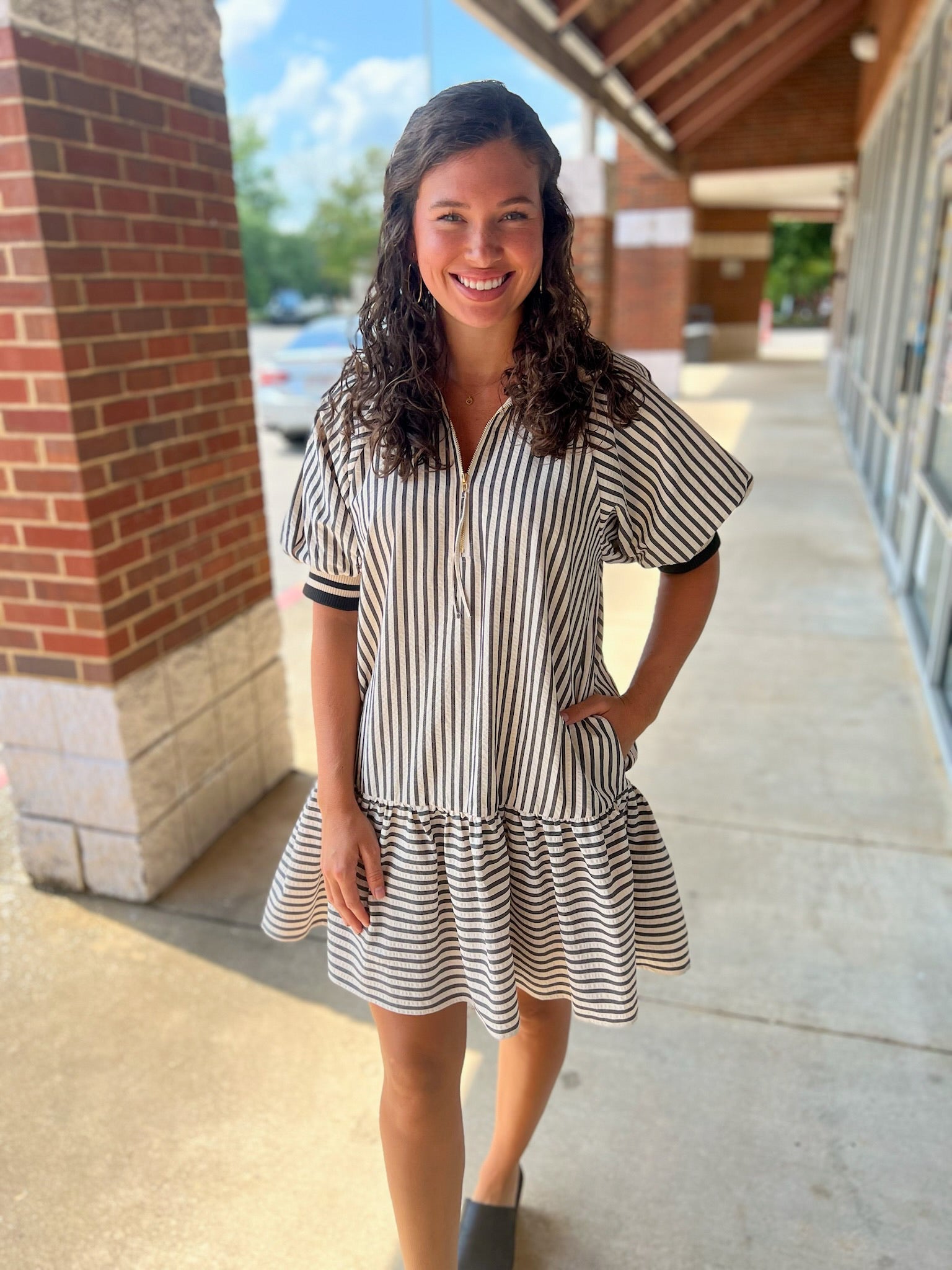 Meet Me Black Striped Drop Waist Dress with Accent Band Trim - A'Bekah's Boutique
