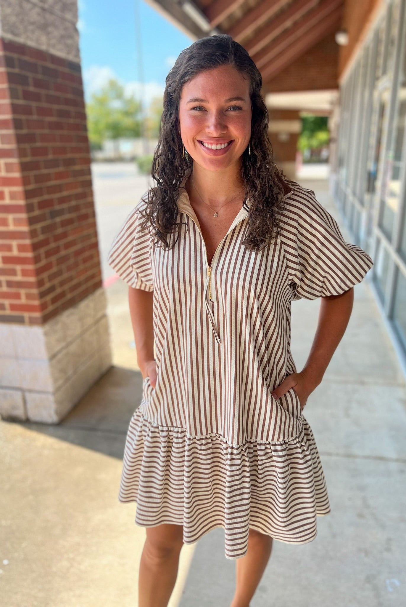 Caramel and white striped, drop waist dress with puff sleeves, pockets, zip front, accent trim on collar and sleeves - A'Bekah's Boutique