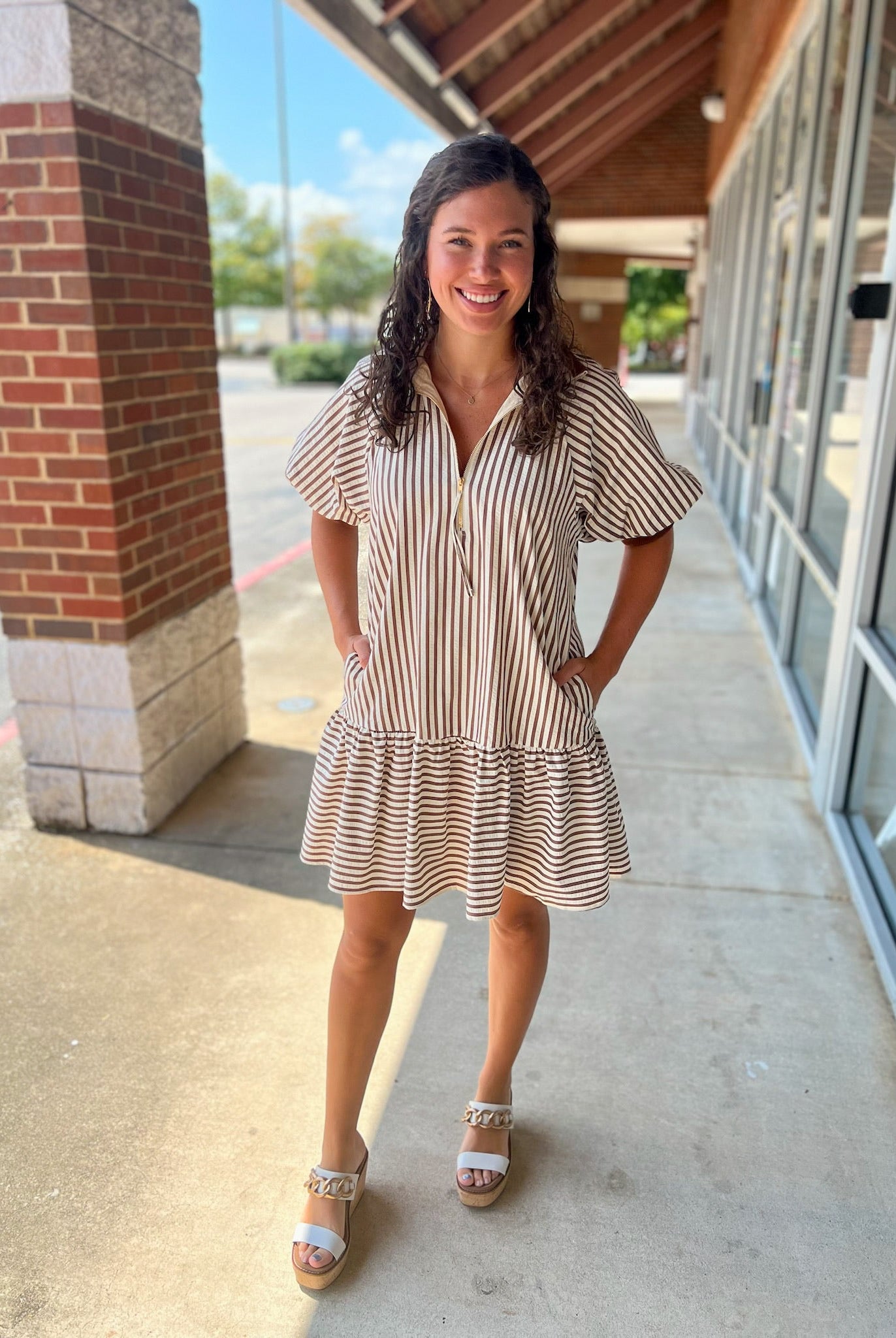 Meet Me Caramel Striped Drop Waist Dress with Accent Band Trim - A'Bekah's Boutique