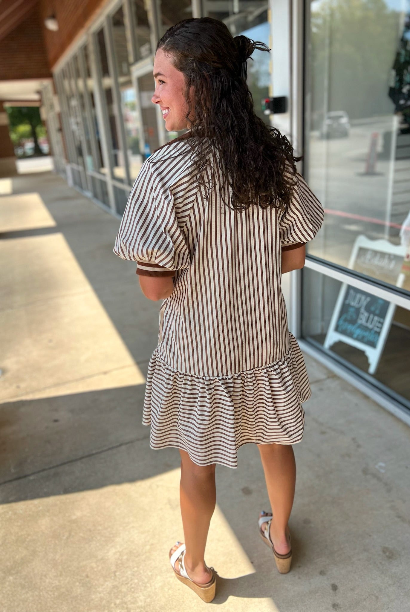 Meet Me Caramel Striped Drop Waist Dress with Accent Band Trim - A'Bekah's Boutique