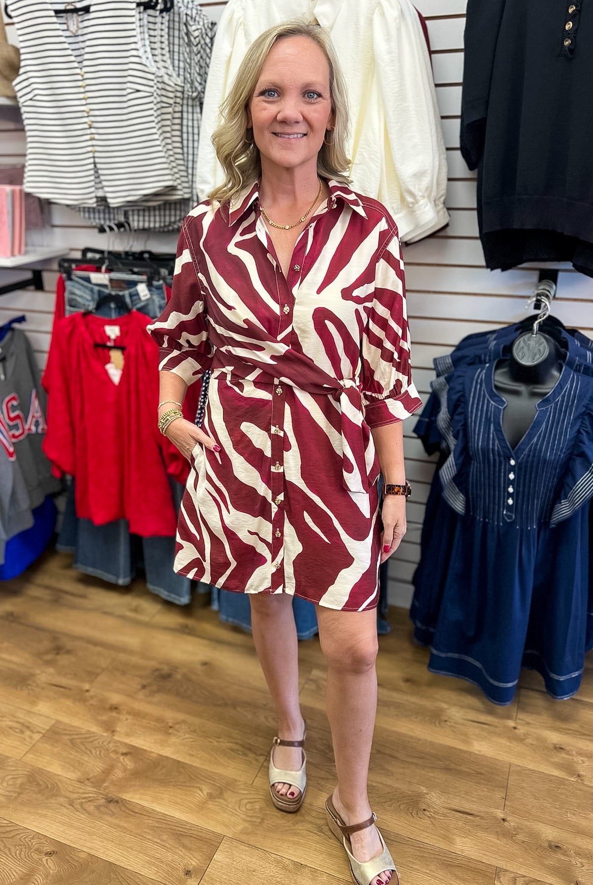 Merlot Abstract Print Dress with Self-Tie Waist - A'Bekah's Boutique