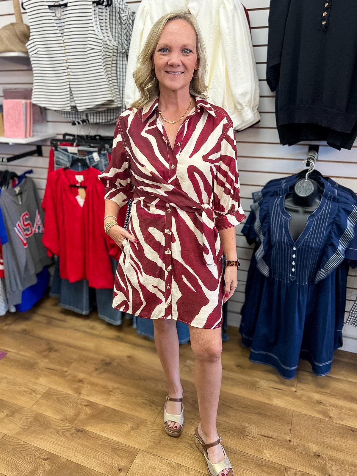 Merlot Abstract Print Dress with Self-Tie Waist - A'Bekah's Boutique
