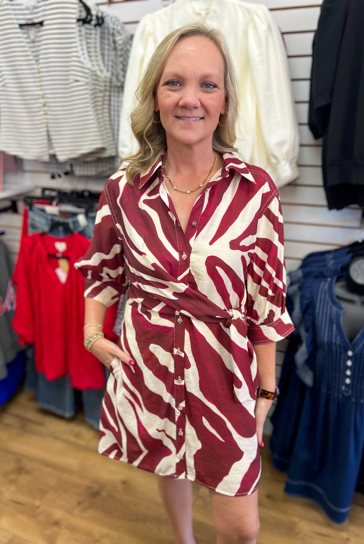 Merlot Abstract Print Dress with Self-Tie Waist - A'Bekah's Boutique