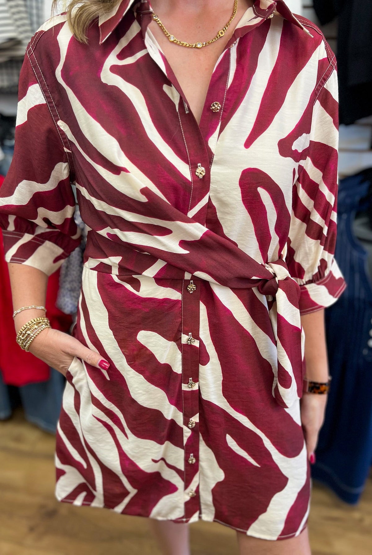 Merlot Abstract Print Dress with Self-Tie Waist - A'Bekah's Boutique