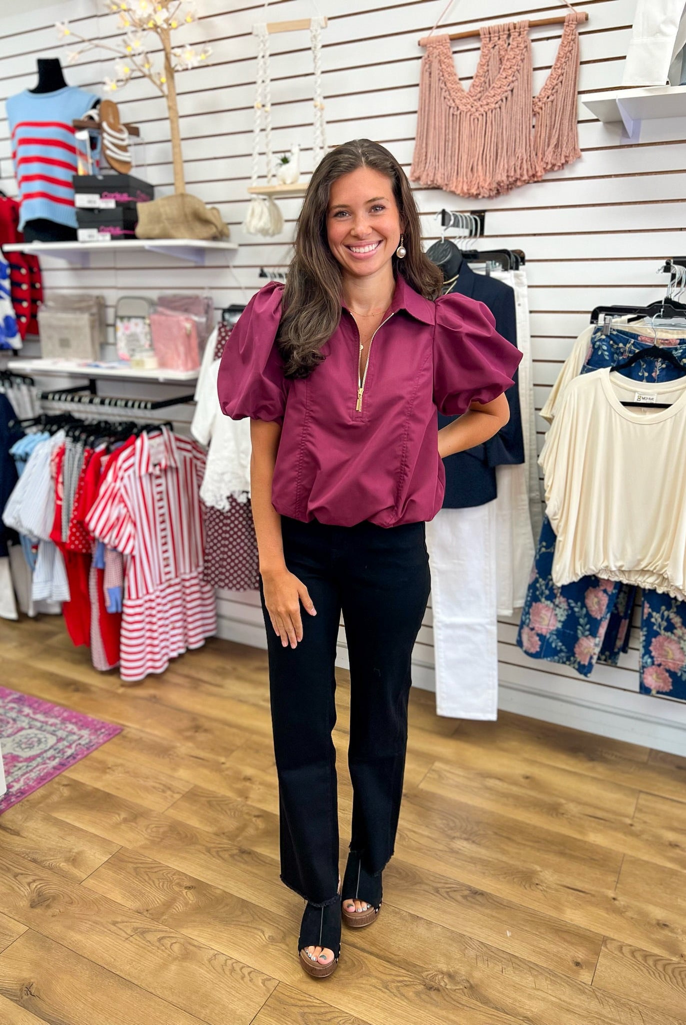 Merlot Half Zip Top with Short Puff Sleeves and Bubble Hem - A'Bekah's Boutique