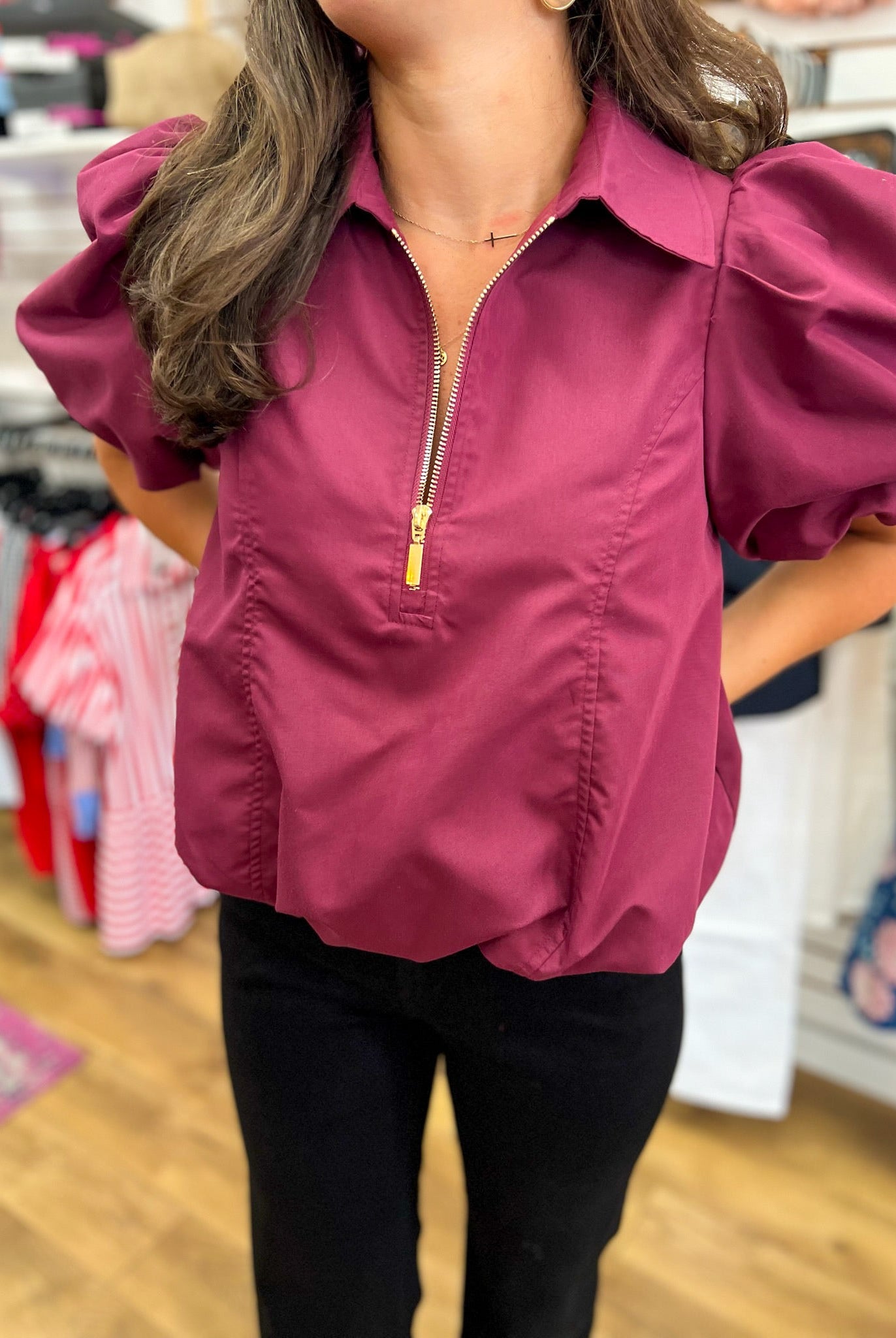 Merlot Half Zip Top with Short Puff Sleeves and Bubble Hem - A'Bekah's Boutique