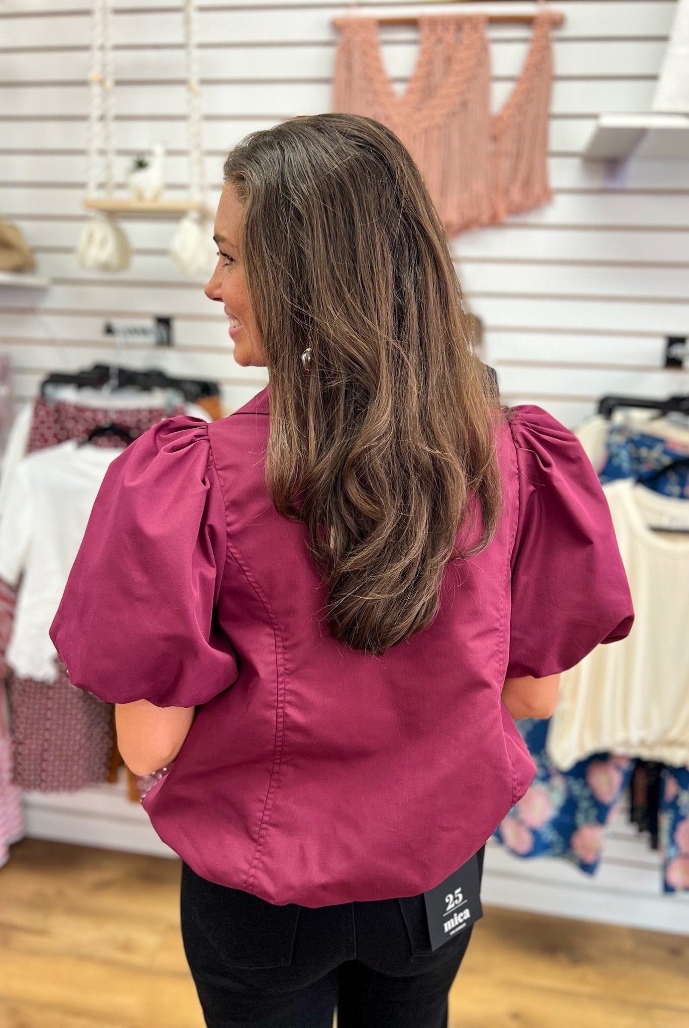 Merlot Half Zip Top with Short Puff Sleeves and Bubble Hem - A'Bekah's Boutique