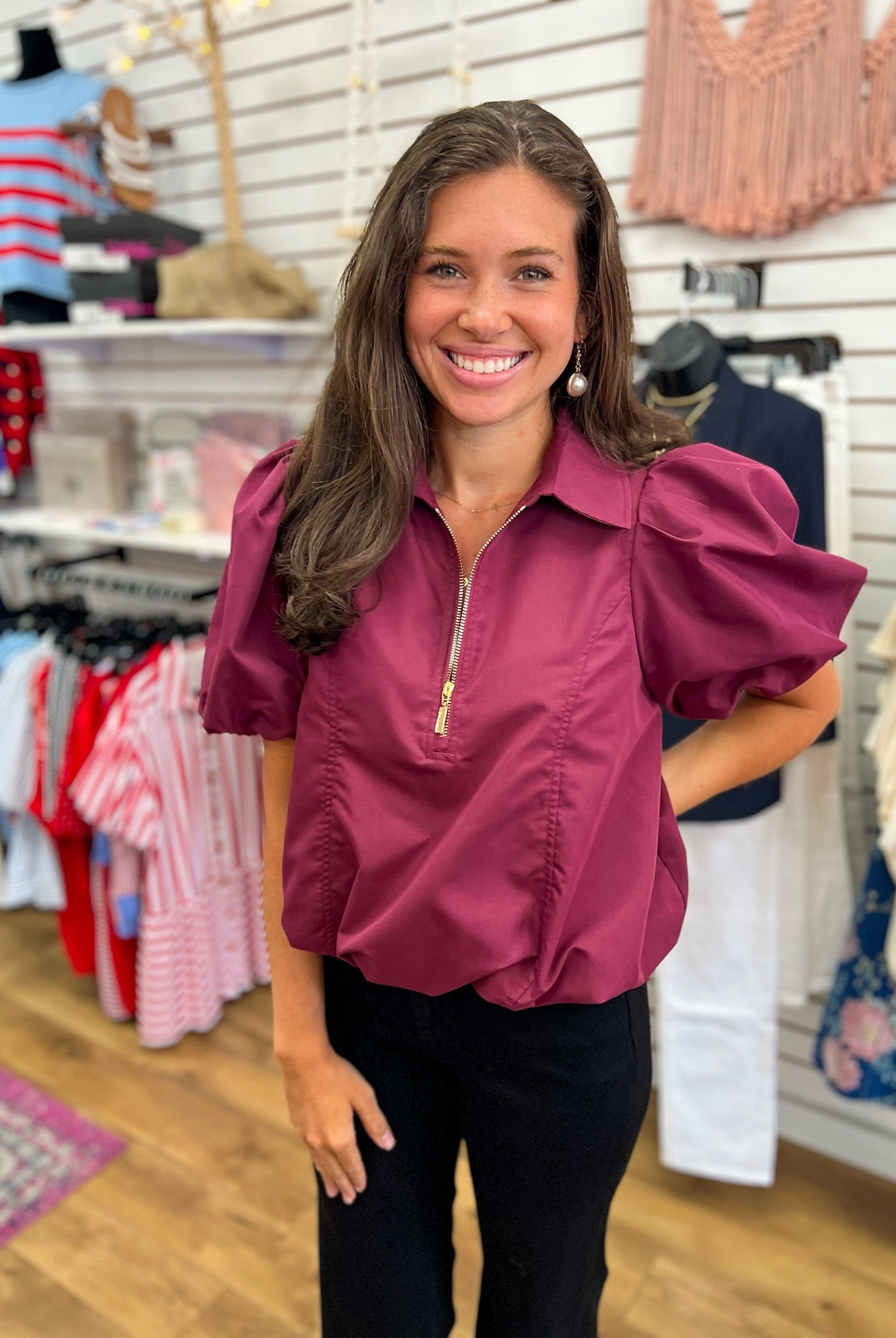 Merlot Half Zip Top with Short Puff Sleeves and Bubble Hem - A'Bekah's Boutique