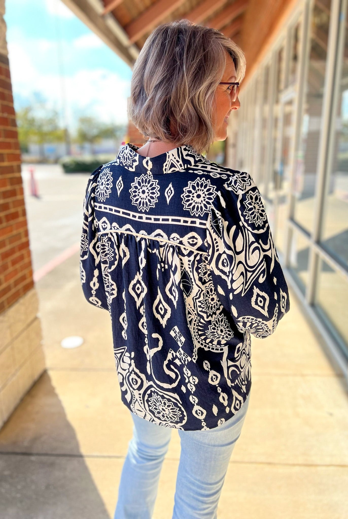 Midnight Blue Boho Print V - Neck Peasant Top with Long Balloon Sleeves - A'Bekah's Boutique