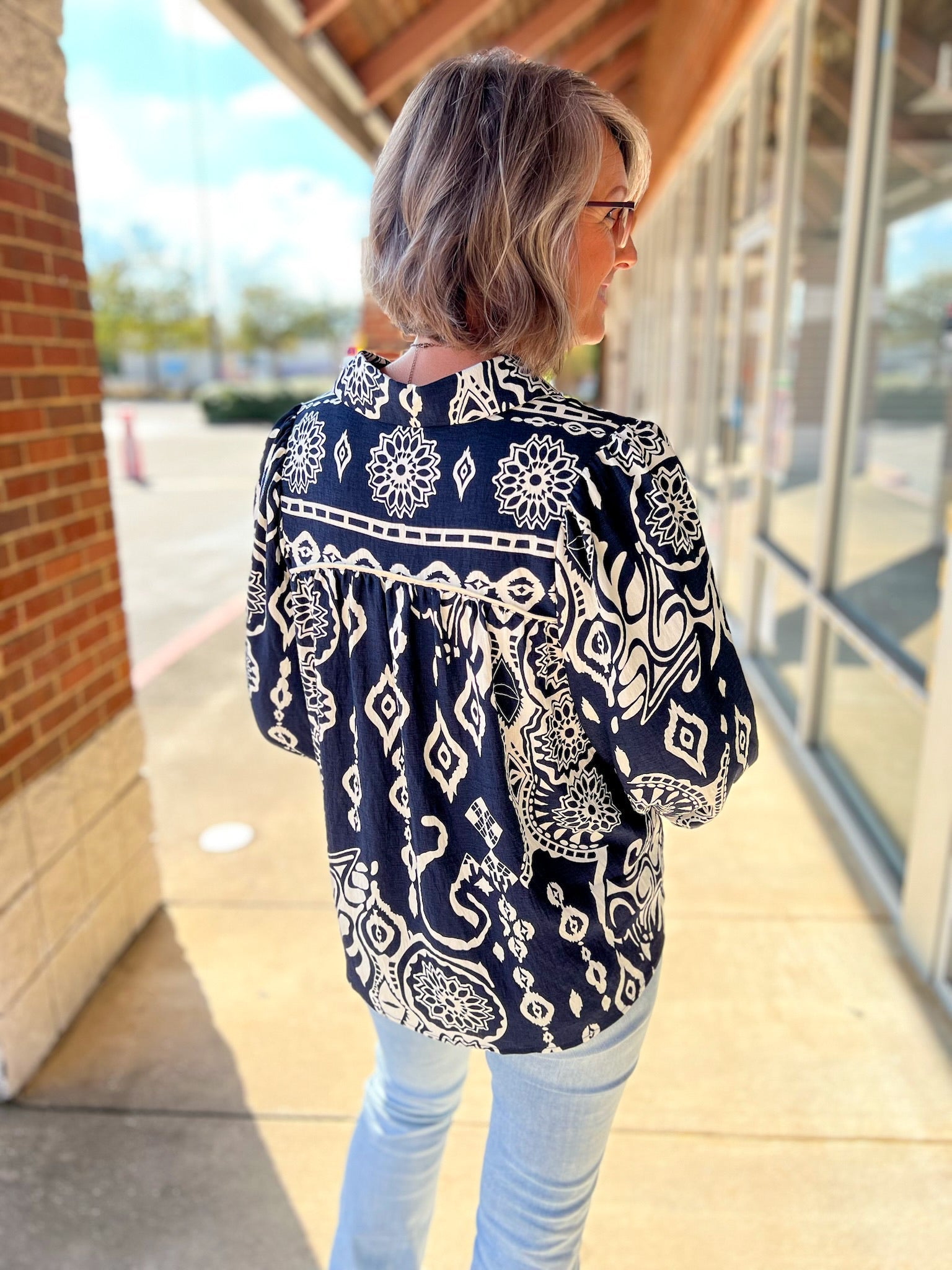 Midnight Blue Boho Print V - Neck Peasant Top with Long Balloon Sleeves - A'Bekah's Boutique