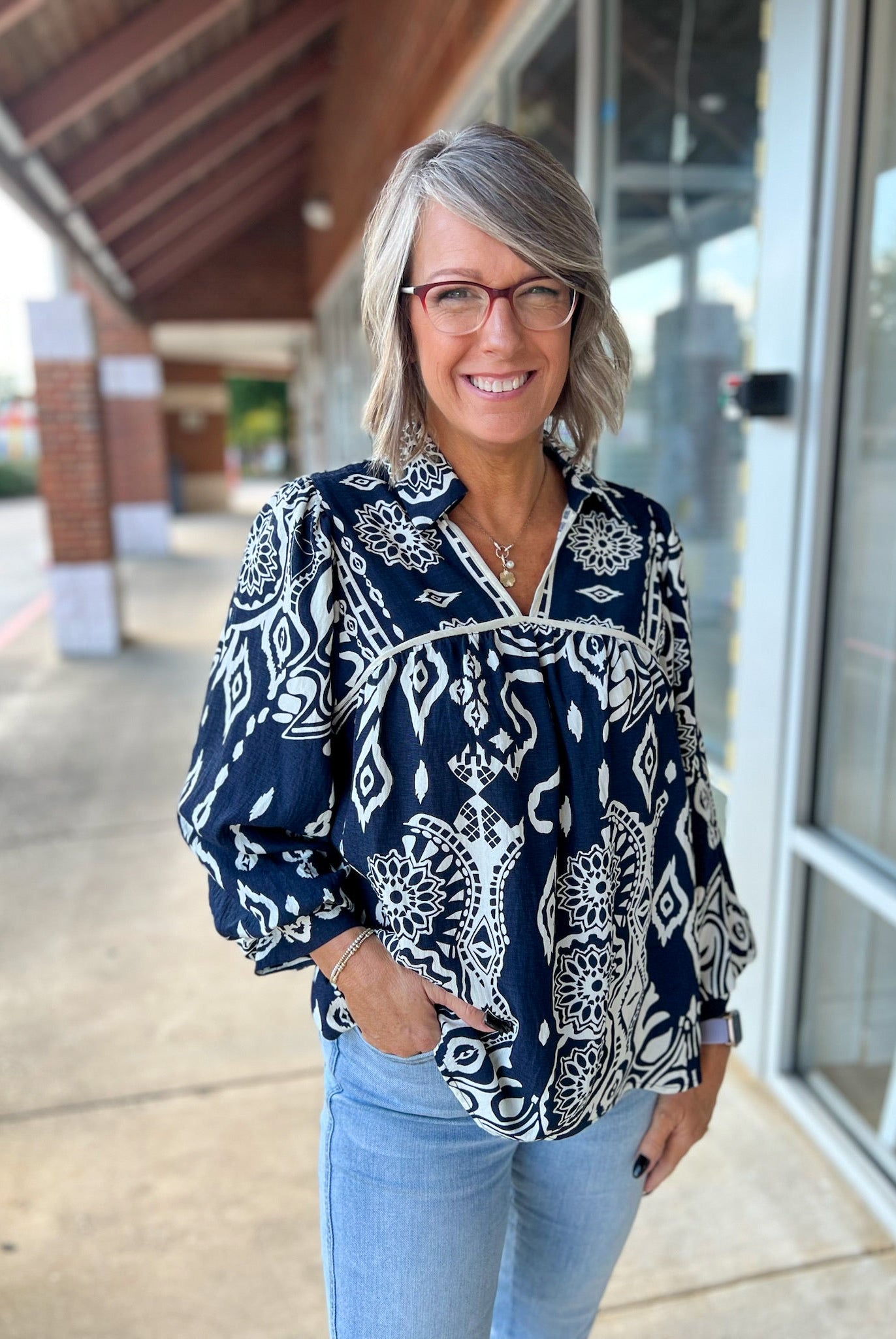 Midnight Blue Boho Print V - Neck Peasant Top with Long Balloon Sleeves - A'Bekah's Boutique