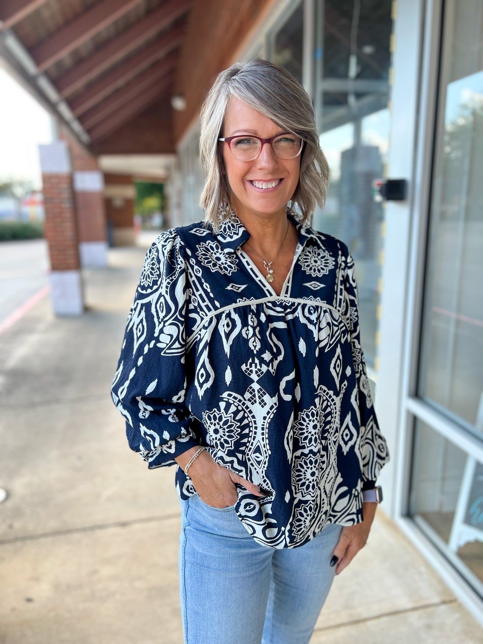 Midnight Blue Boho Print V - Neck Peasant Top with Long Balloon Sleeves - A'Bekah's Boutique