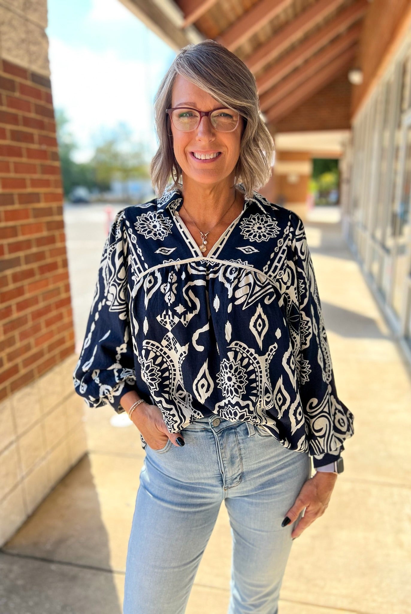 Midnight Blue Boho Print V - Neck Peasant Top with Long Balloon Sleeves - A'Bekah's Boutique
