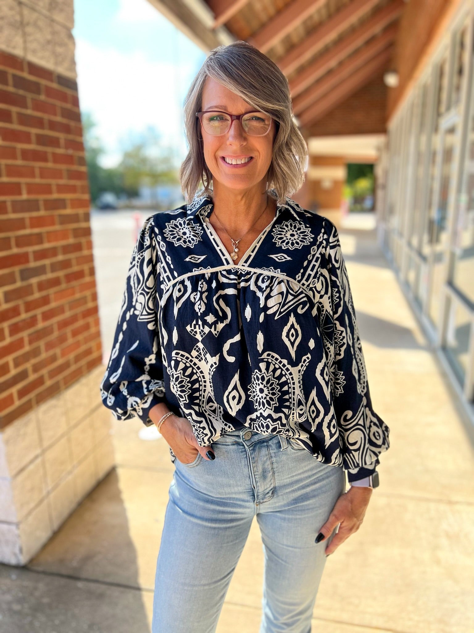 Midnight Blue Boho Print V - Neck Peasant Top with Long Balloon Sleeves - A'Bekah's Boutique
