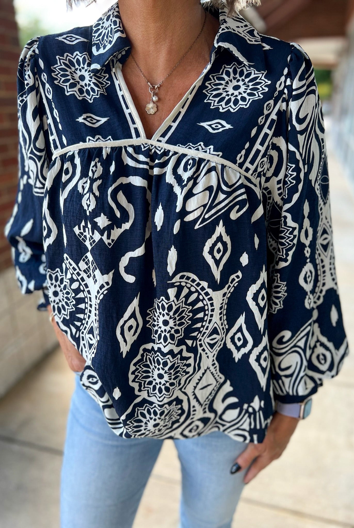 Midnight Blue Boho Print V - Neck Peasant Top with Long Balloon Sleeves - A'Bekah's Boutique