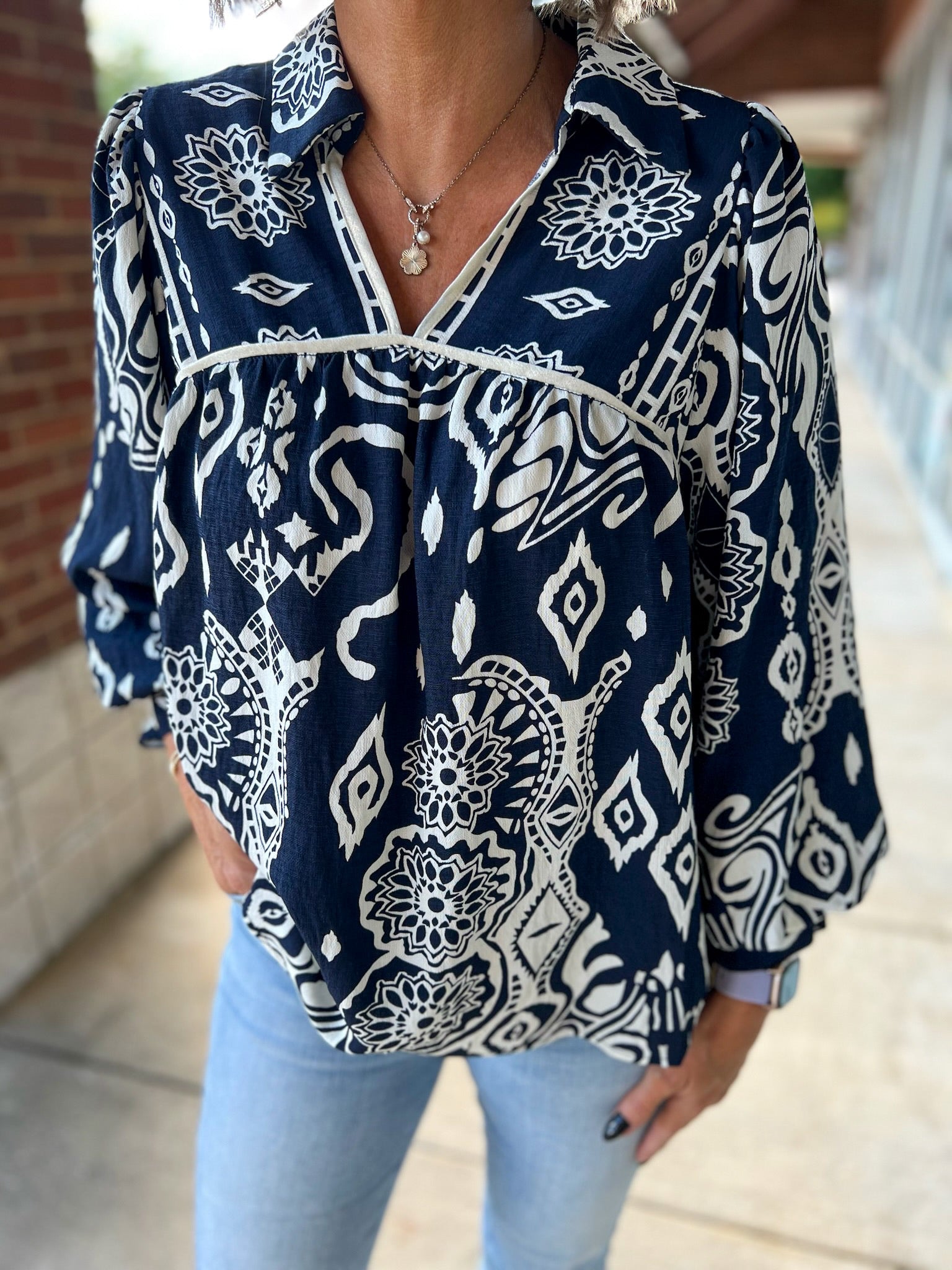Midnight Blue Boho Print V - Neck Peasant Top with Long Balloon Sleeves - A'Bekah's Boutique