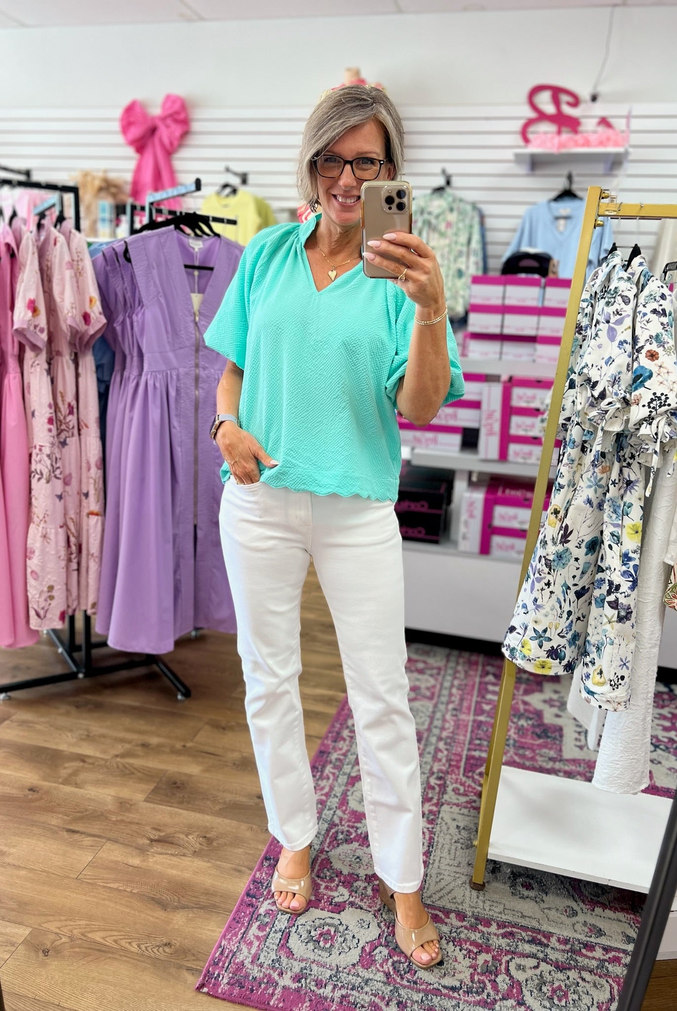 Mint Seersucker Top with Bubble Sleeves and Scalloped Hem - A'Bekah's Boutique