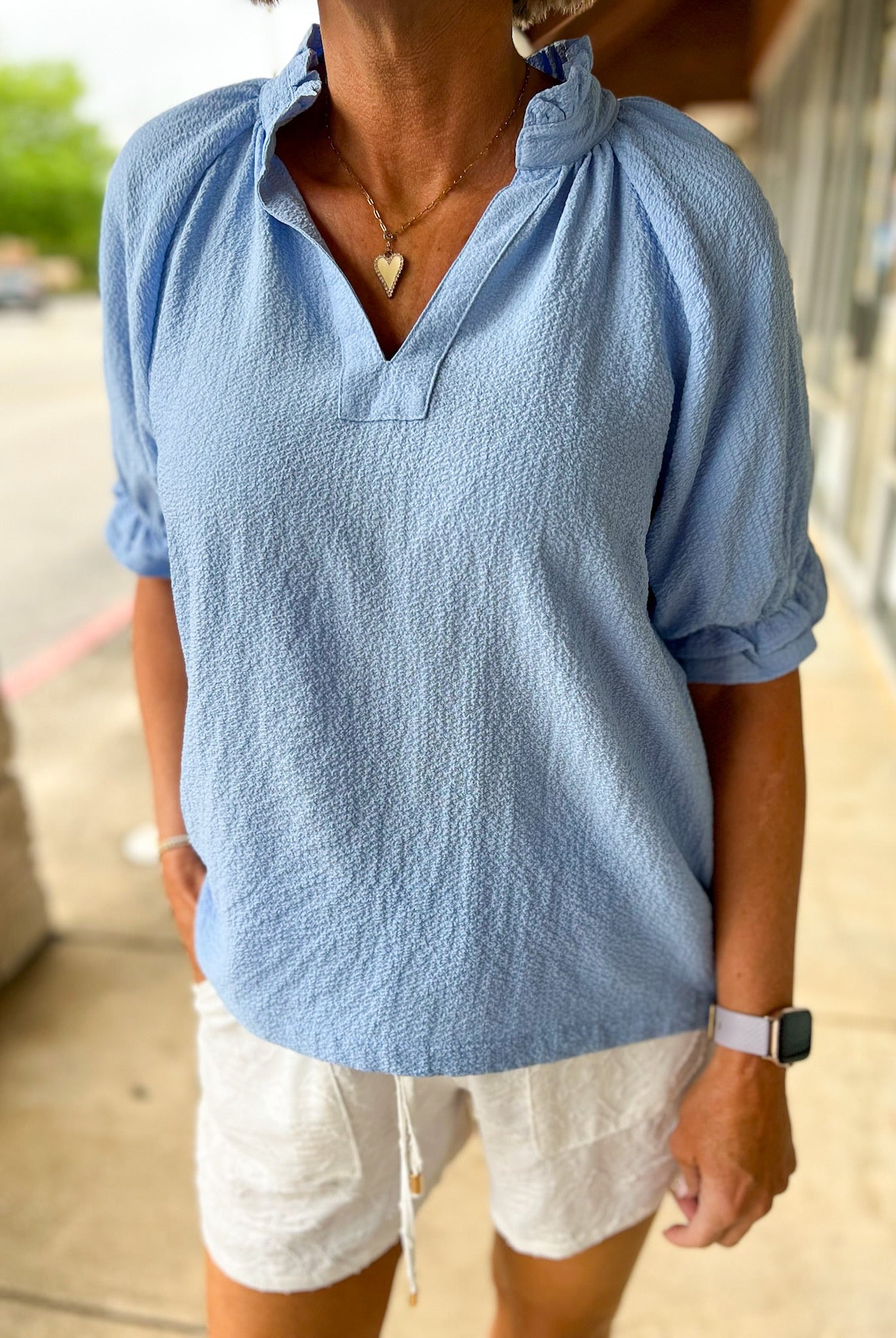 Misty Blue Seersucker V - Neck Top with Ruffled Bubble Sleeves - A'Bekah's Boutique