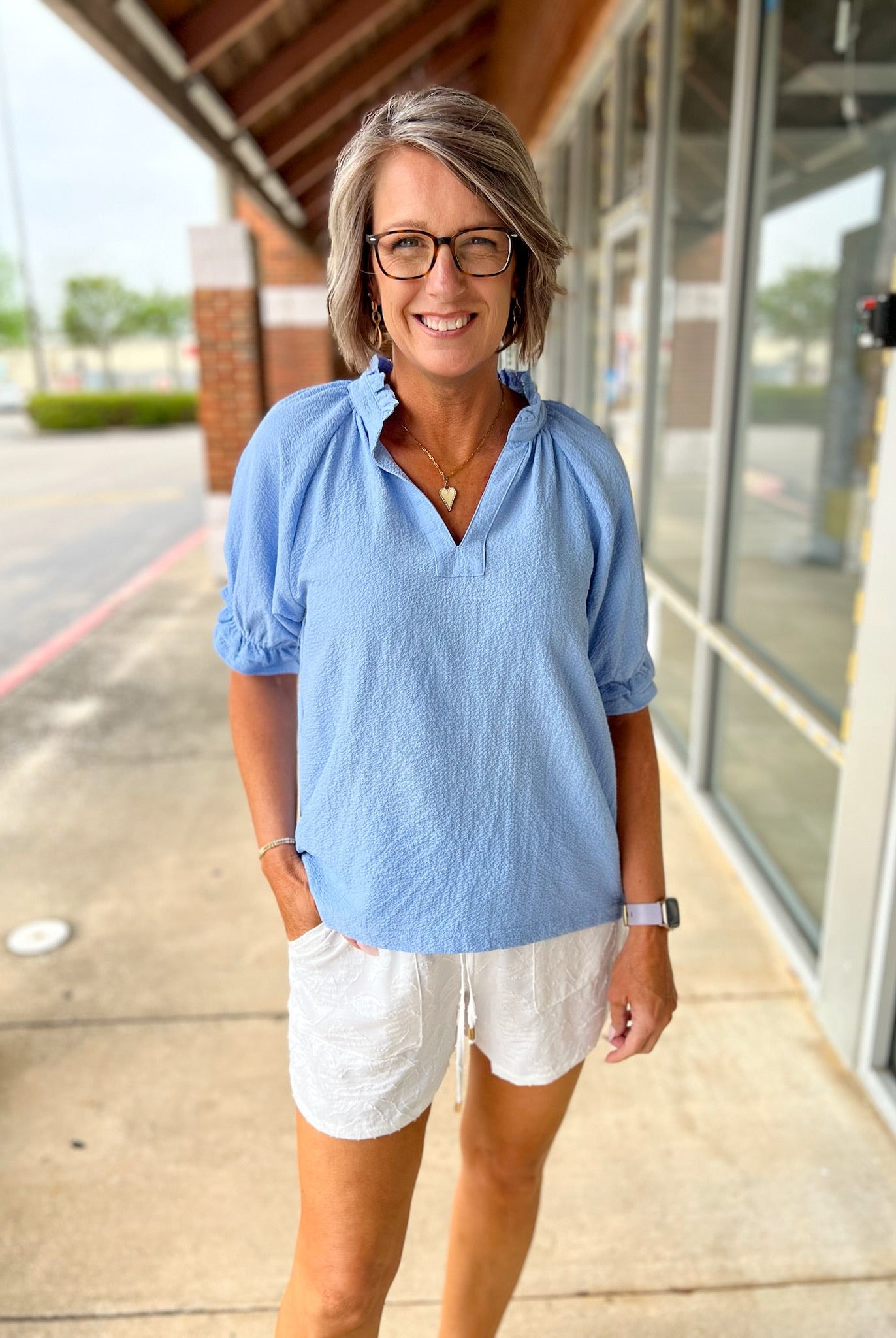 Misty Blue Seersucker V - Neck Top with Ruffled Bubble Sleeves - A'Bekah's Boutique