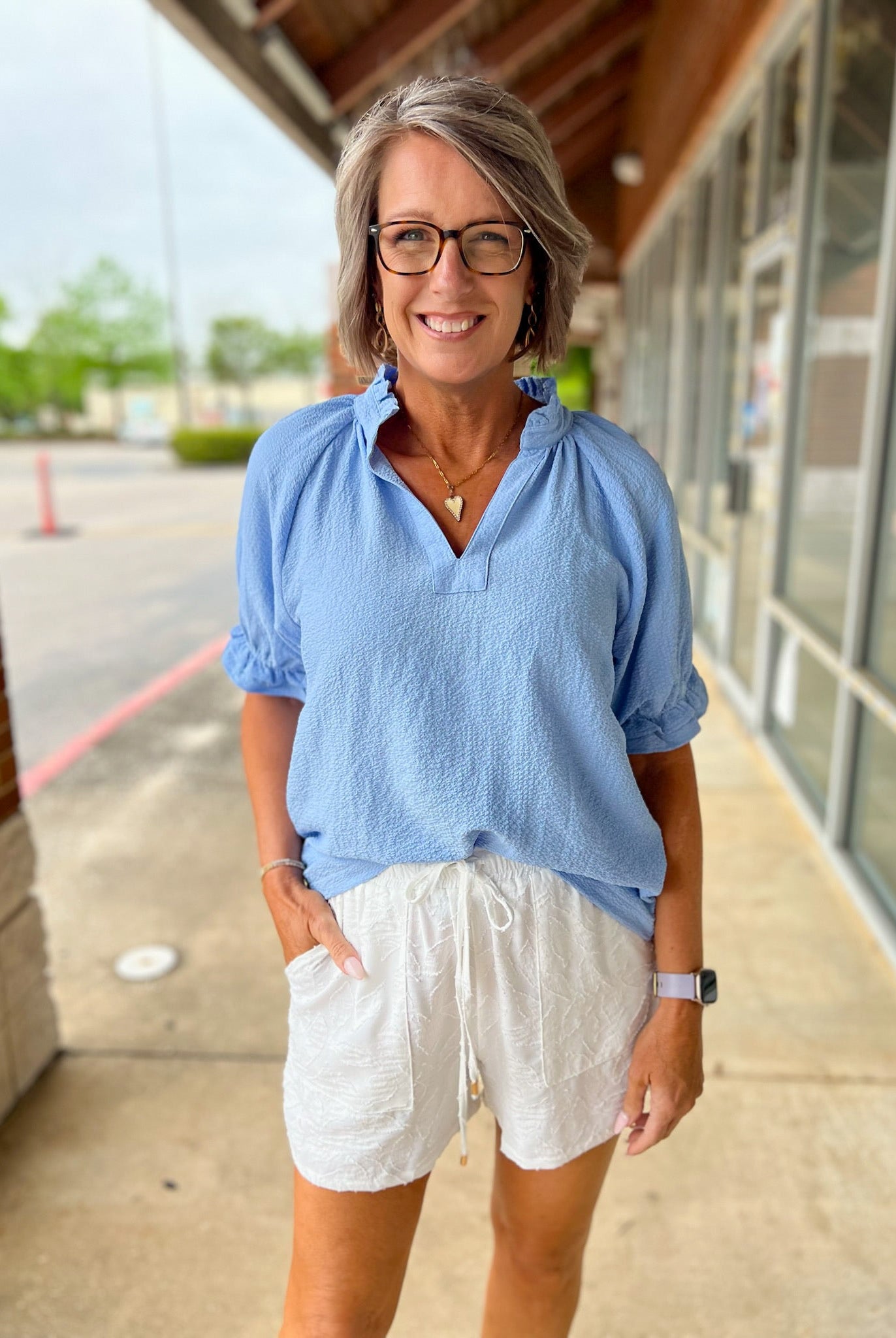 Misty Blue Seersucker V - Neck Top with Ruffled Bubble Sleeves - A'Bekah's Boutique