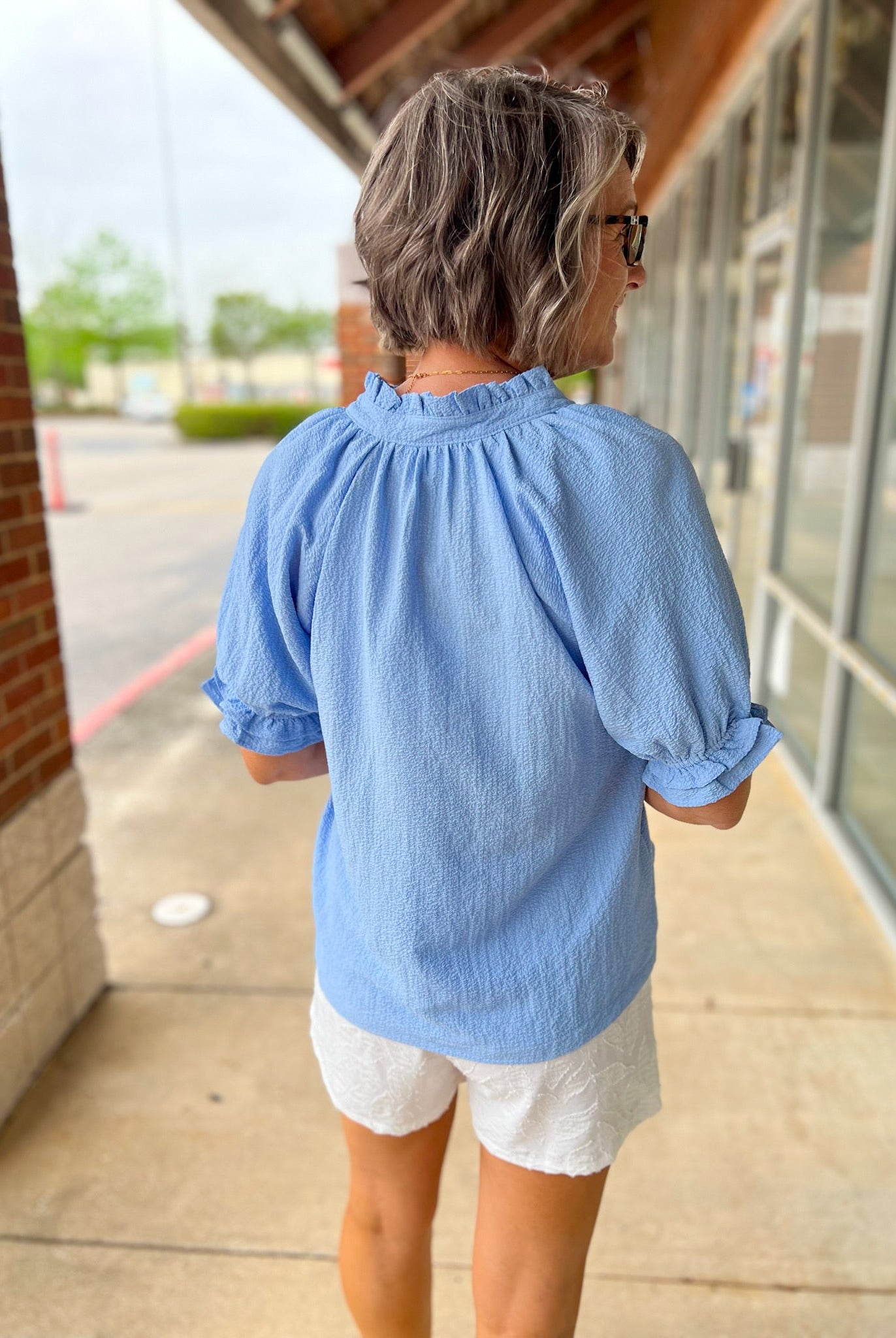 Misty Blue Seersucker V - Neck Top with Ruffled Bubble Sleeves - A'Bekah's Boutique